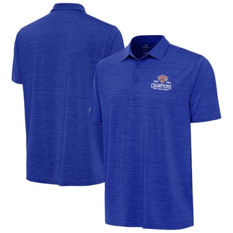 Men's Antigua Heather Blue New York Knicks 2026 NBA Finals Champions Wordmark Layout Polo