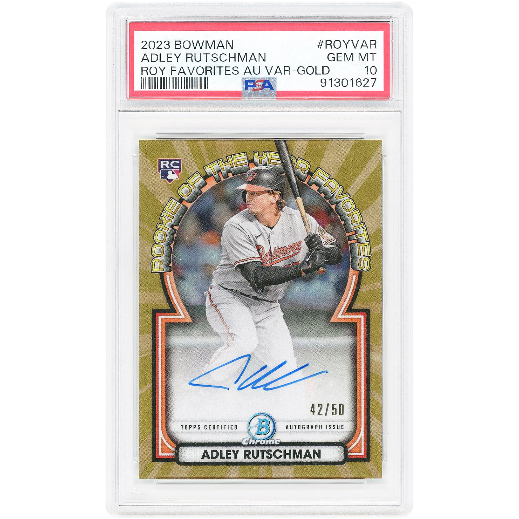 Carta da collezione autografata di Adley Rutschman dei Baltimore Orioles, edizione 2023 Bowman ROY Favorites Variation Gold #ROYV-AR #42/50, autenticata da PSA.