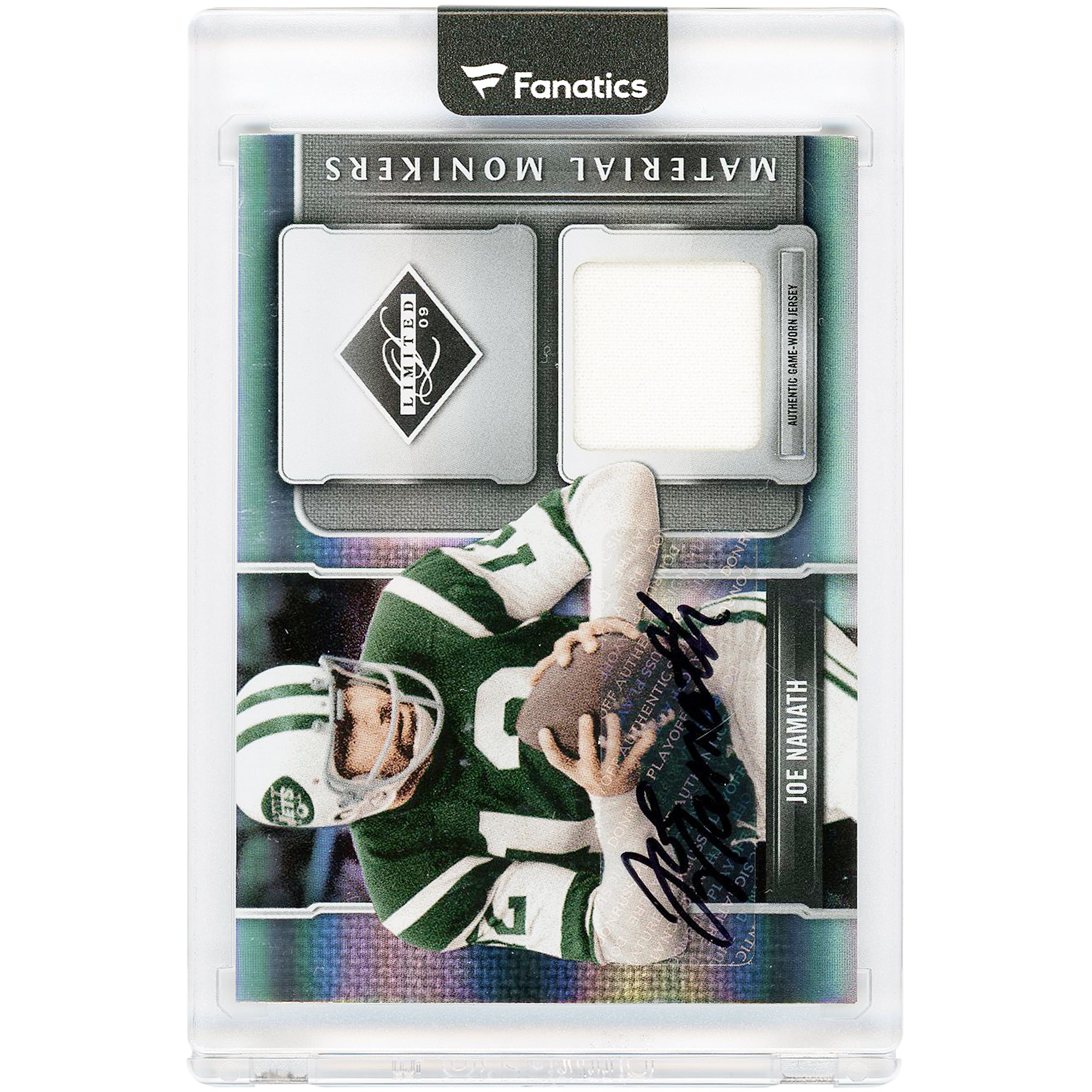 Carta autografata di Joe Namath dei New York Jets, edizione limitata Donruss 2009, Monikers Relic #26 #39/50