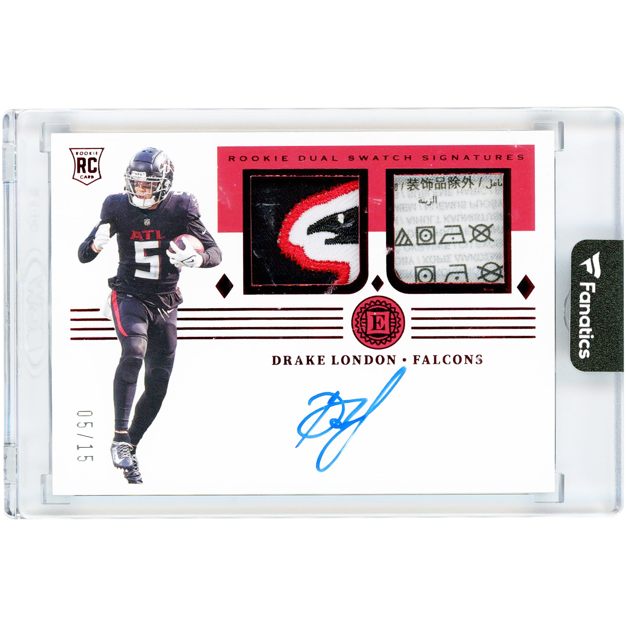 Drake London Atlanta Falcons Autographed 2022 Panini Encased Rookie Dual Swatch Ruby Relic Jersey # Match #RSS-DL #5/15 Rookie Card