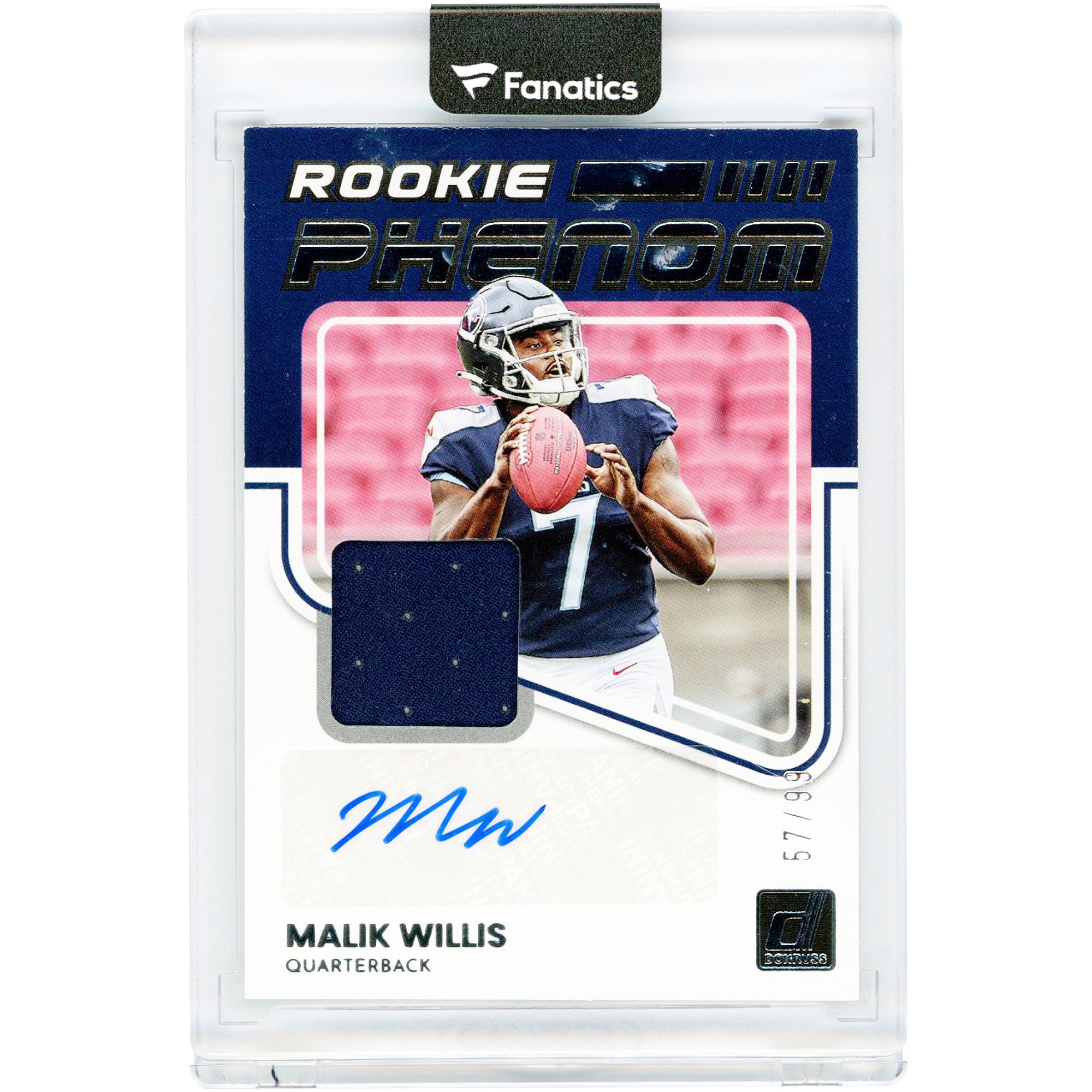 Carta da collezione autografata di Malik Willis dei Tennessee Titans, edizione 2022 Panini Donruss Rookie Phenom Jersey Relic #RPA-3 #57/99