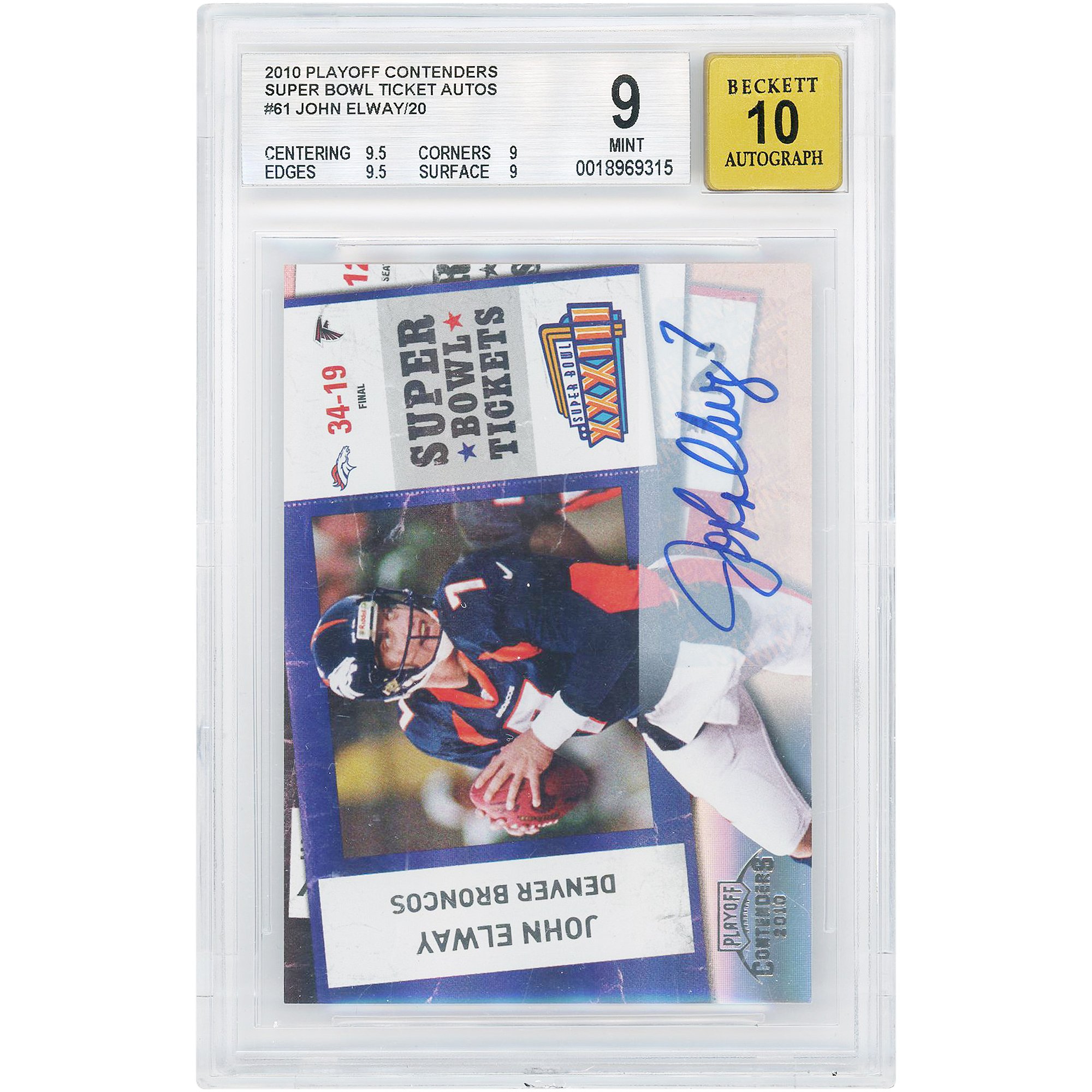 Tarjeta autografiada de John Elway de los Denver Broncos, número 61, de la colección Panini Playoff Contenders Super Bowl Ticket 2010, autenticada por BGS, con calificación 9/10 (subcalificaciones: 9.5, 9, 9.5, 9).