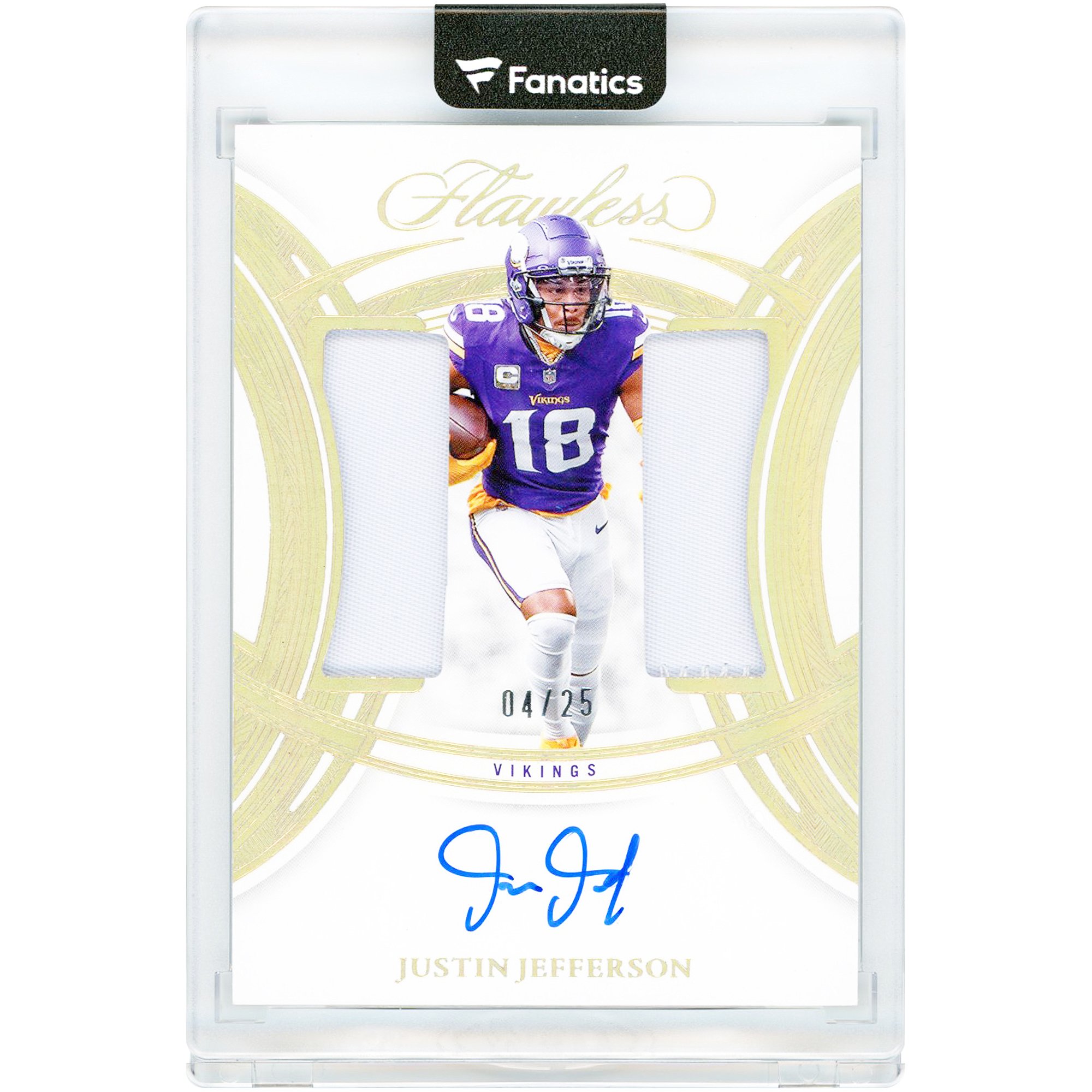 Carta autografata di Justin Jefferson dei Minnesota Vikings, edizione Panini Flawless Dual Patch 2025 #DPA-JJN #4/25