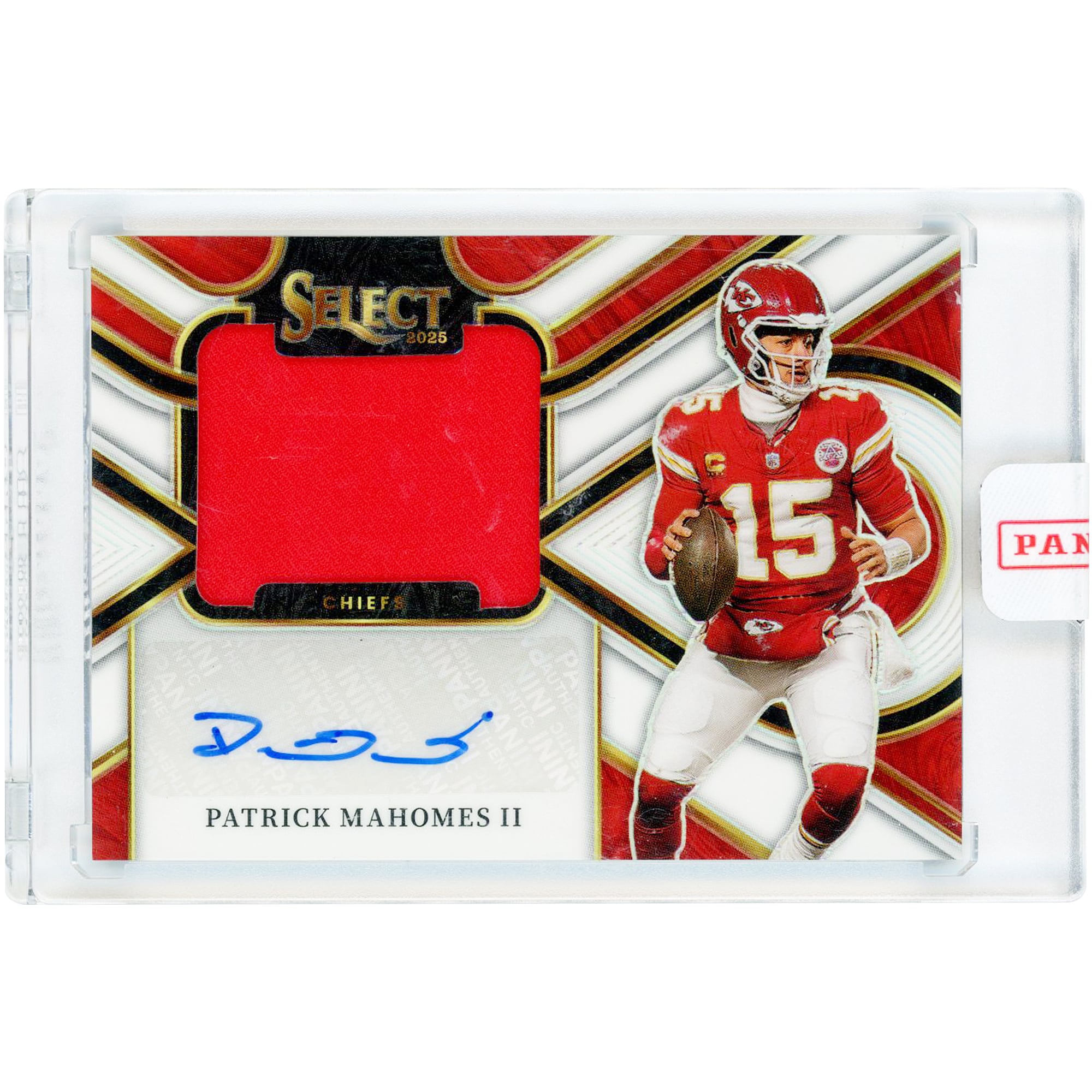Carta autografata Patrick Mahomes Kansas City Chiefs 2025 Panini Select Jumbo Signature Swatches Relic #JSW-PMS #19/75