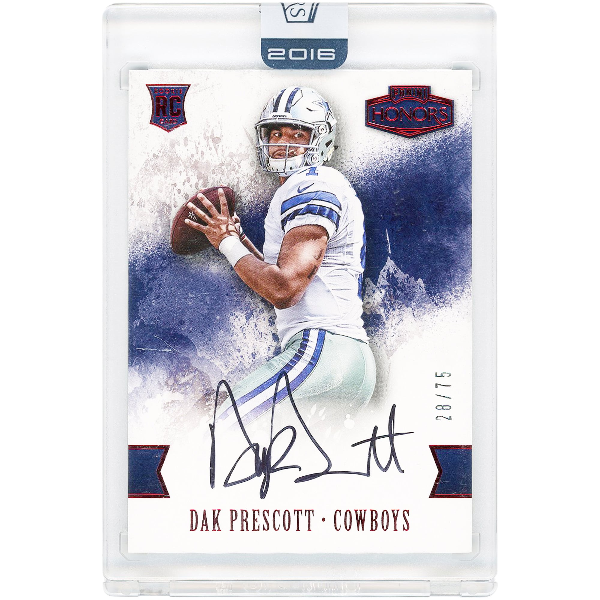 Carta da collezione autografata di Dak Prescott dei Dallas Cowboys, Panini Honors Red #78 #28/75, edizione rookie del 2016.