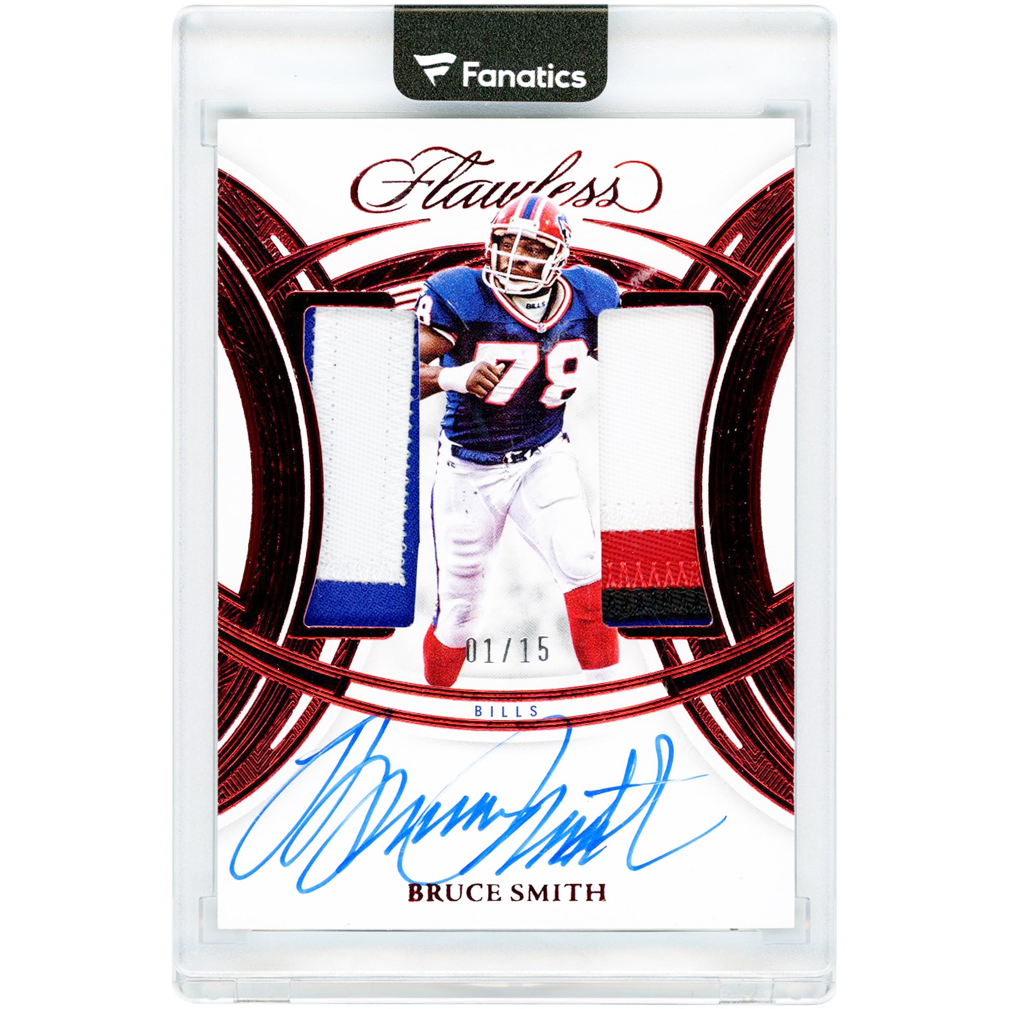 Carta autografata Bruce Smith Buffalo Bills 2025 Panini Flawless Dual Patch Autographs Ruby #DPA-BSH #1/15