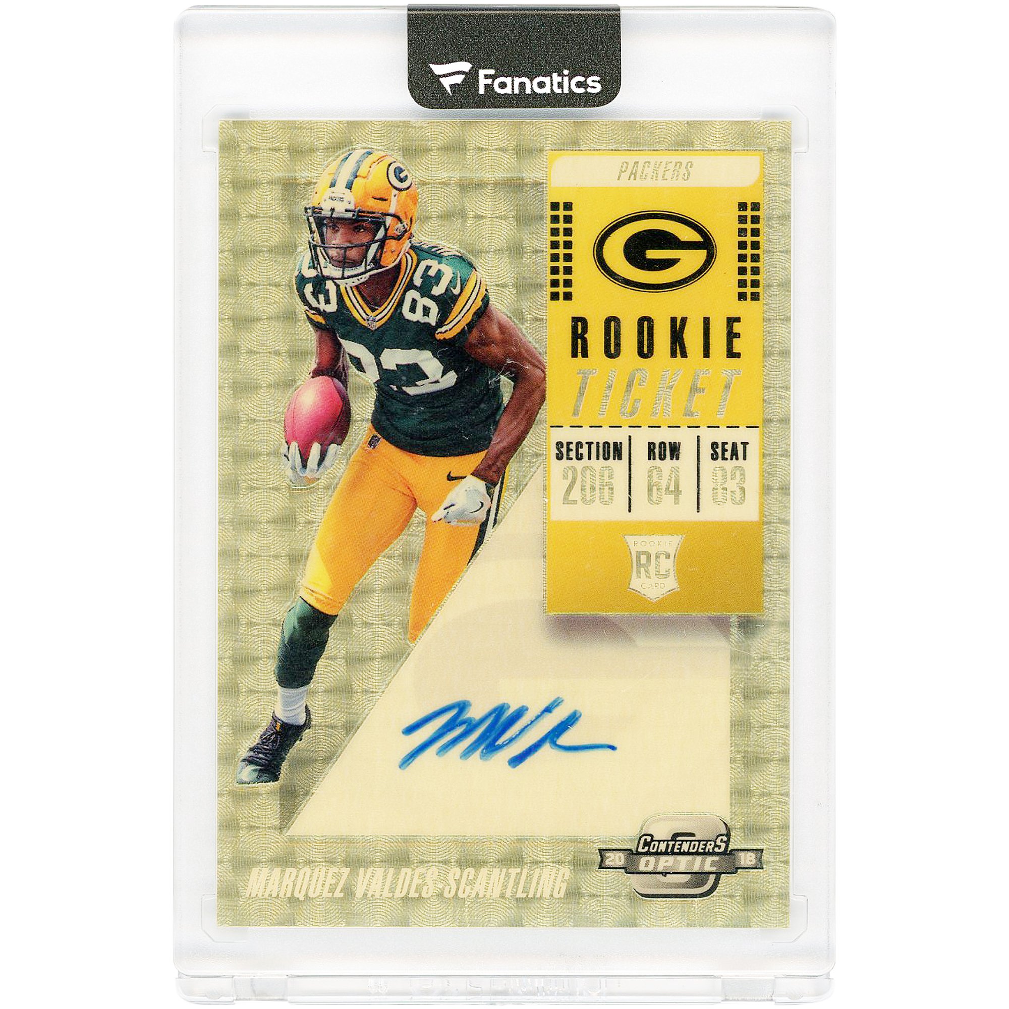 Carta da collezione autografata di Marquez Valdes-Scantling dei Green Bay Packers, edizione 2018 Panini Contenders Optic Gold Vinyl #140 #1/1 (Rookie Card).