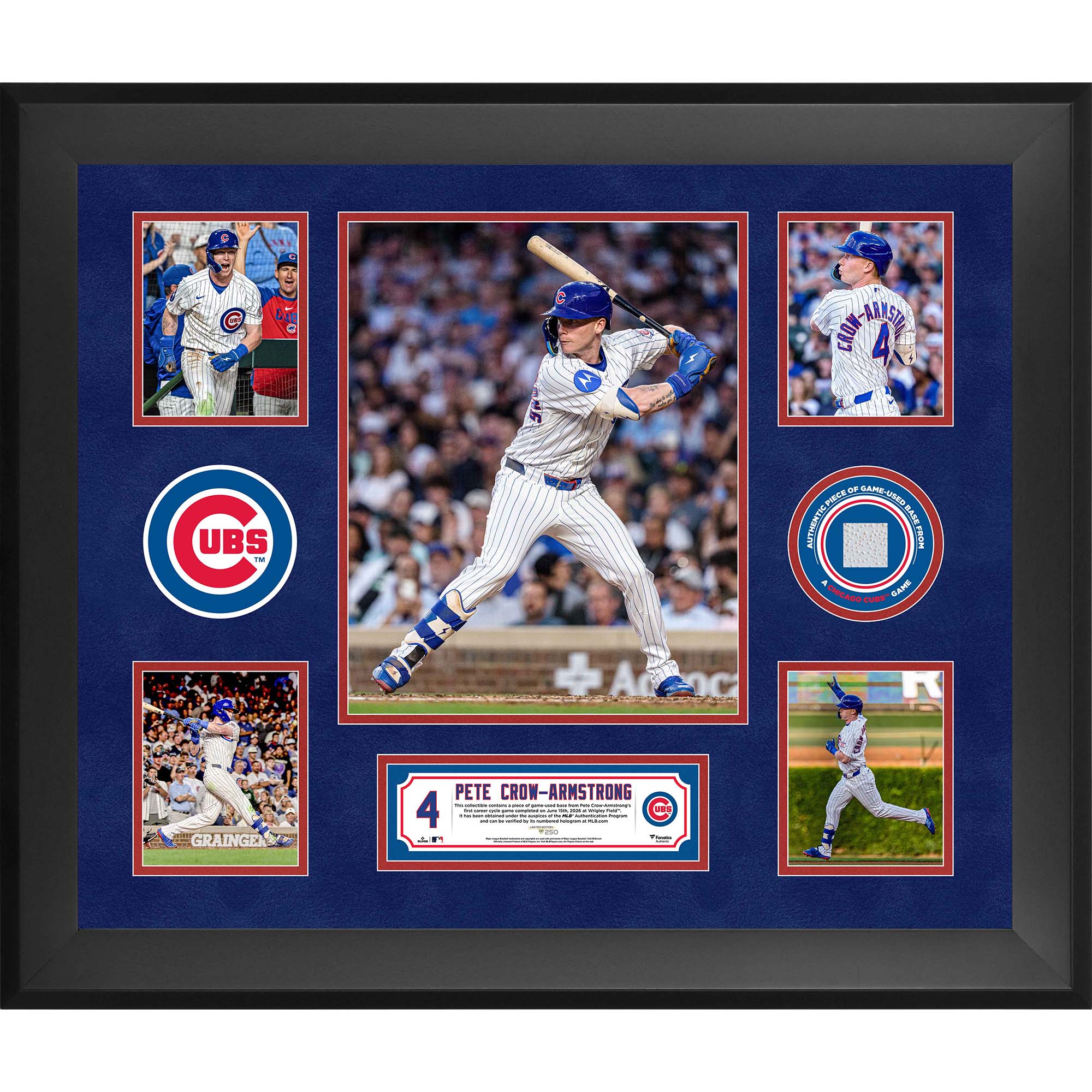 Pete Crow-Armstrong Chicago Cubs Framed 5-Photo Collage with a Piece of Game-Used Base from First Career Cycle - Limited Edition of 250