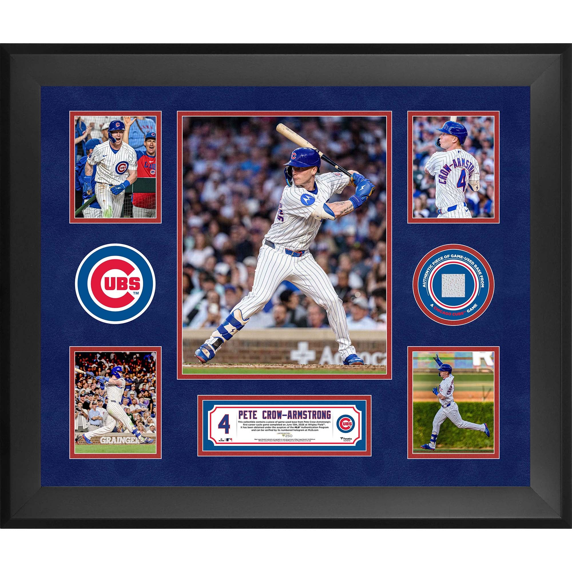 Collage de 5 fotos enmarcado de Pete Crow-Armstrong de los Chicago Cubs con un trozo de base usada en un juego durante su primer ciclo profesional - Edición limitada de 250