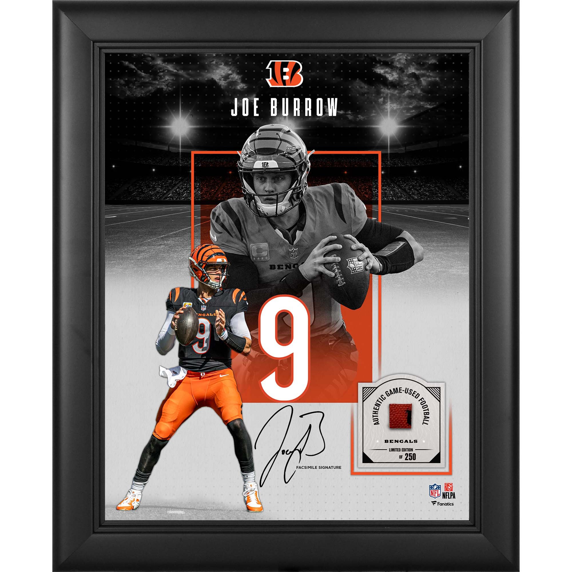 Joe Burrow Cincinnati Bengals, autografo riprodotto incorniciato, formato 11" x 14", con un pezzo di pallone da gioco - Edizione limitata a 250 esemplari.
