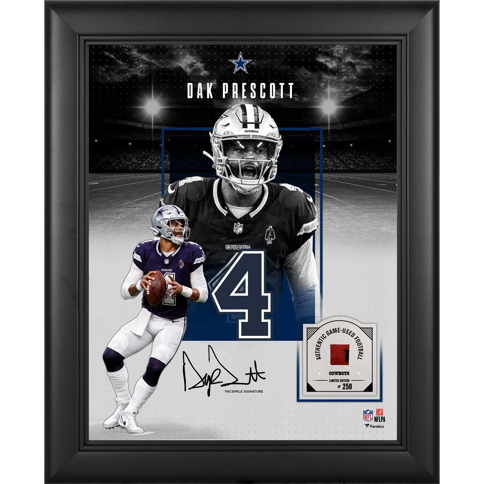 Collage incorniciato con autografo facsimile di Dak Prescott dei Dallas Cowboys, formato 11" x 14", con un pezzo di pallone da gioco - Edizione limitata a 250 esemplari.