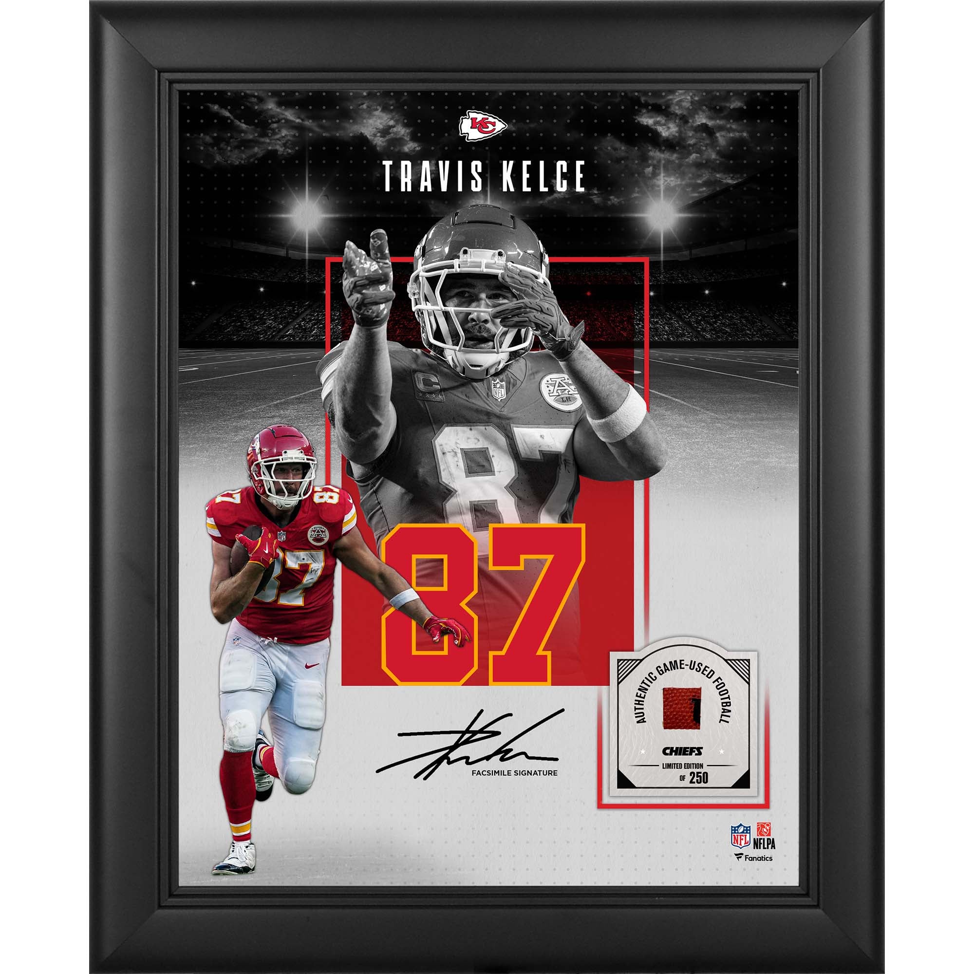 Travis Kelce Kansas City Chiefs, autografo riprodotto incorniciato, formato 11" x 14", con un pezzo di pallone da gioco - Edizione limitata a 250 esemplari.