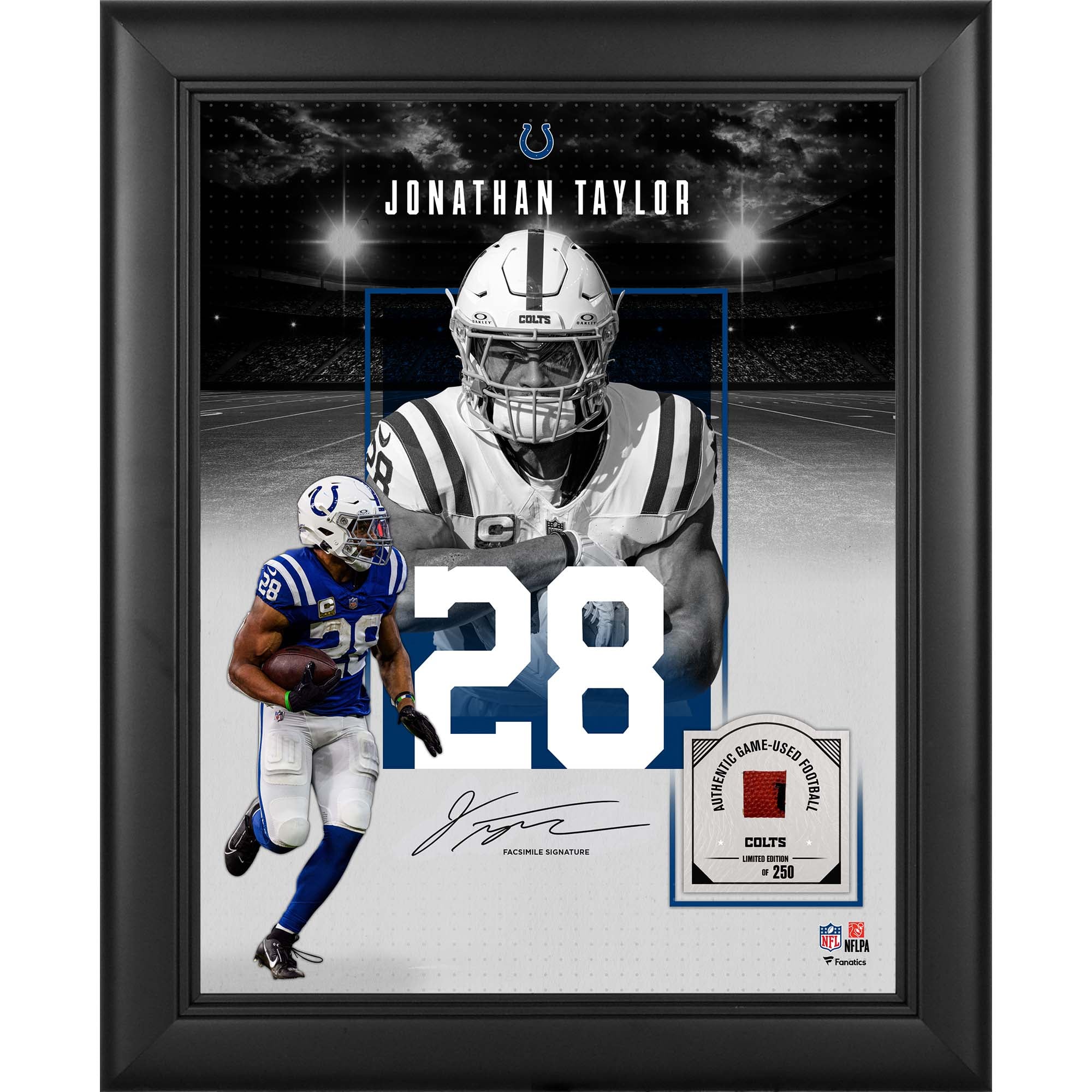Jonathan Taylor Indianapolis Colts, autografo riprodotto incorniciato, formato 11" x 14", con un pezzo di pallone da gioco - Edizione limitata a 250 esemplari.
