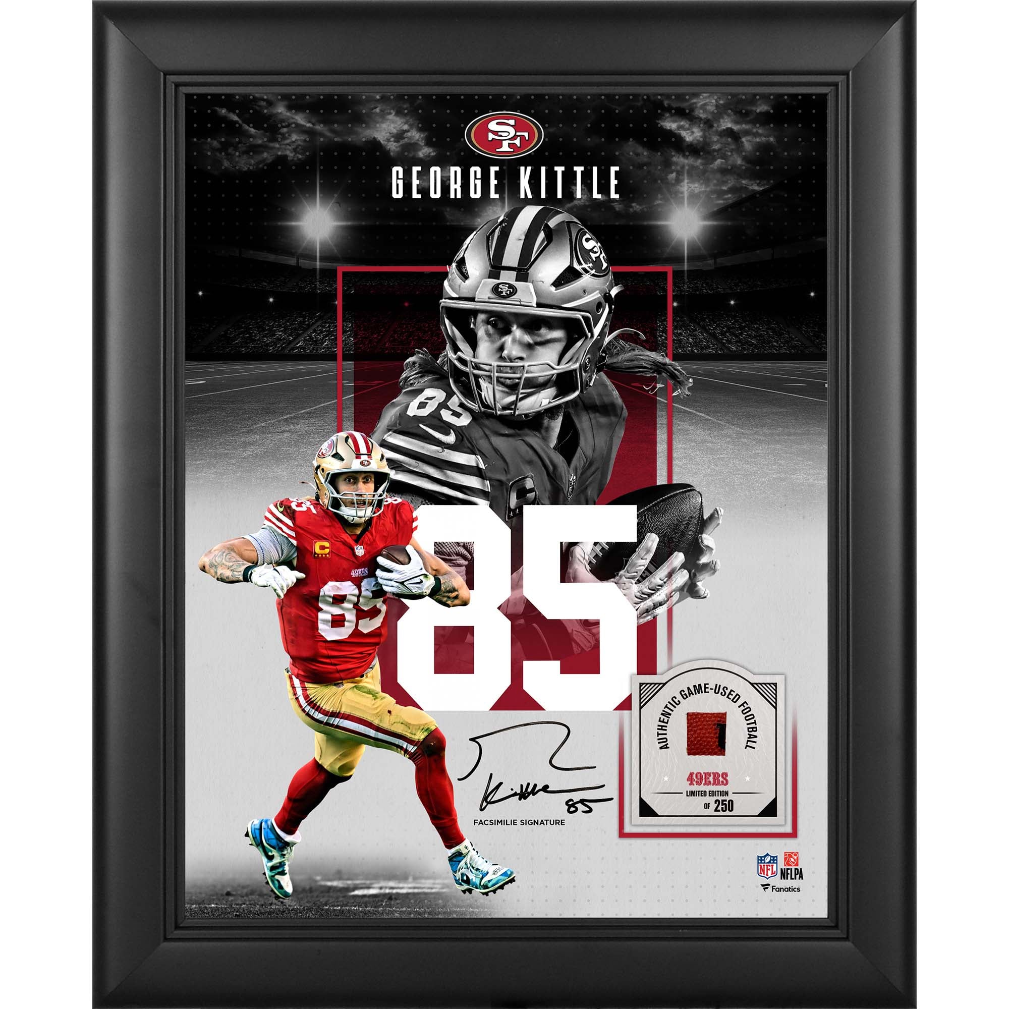 George Kittle, San Francisco 49ers, autografo riprodotto in cornice, formato 11" x 14", con un pezzo di pallone da gioco - Edizione limitata a 250 esemplari.