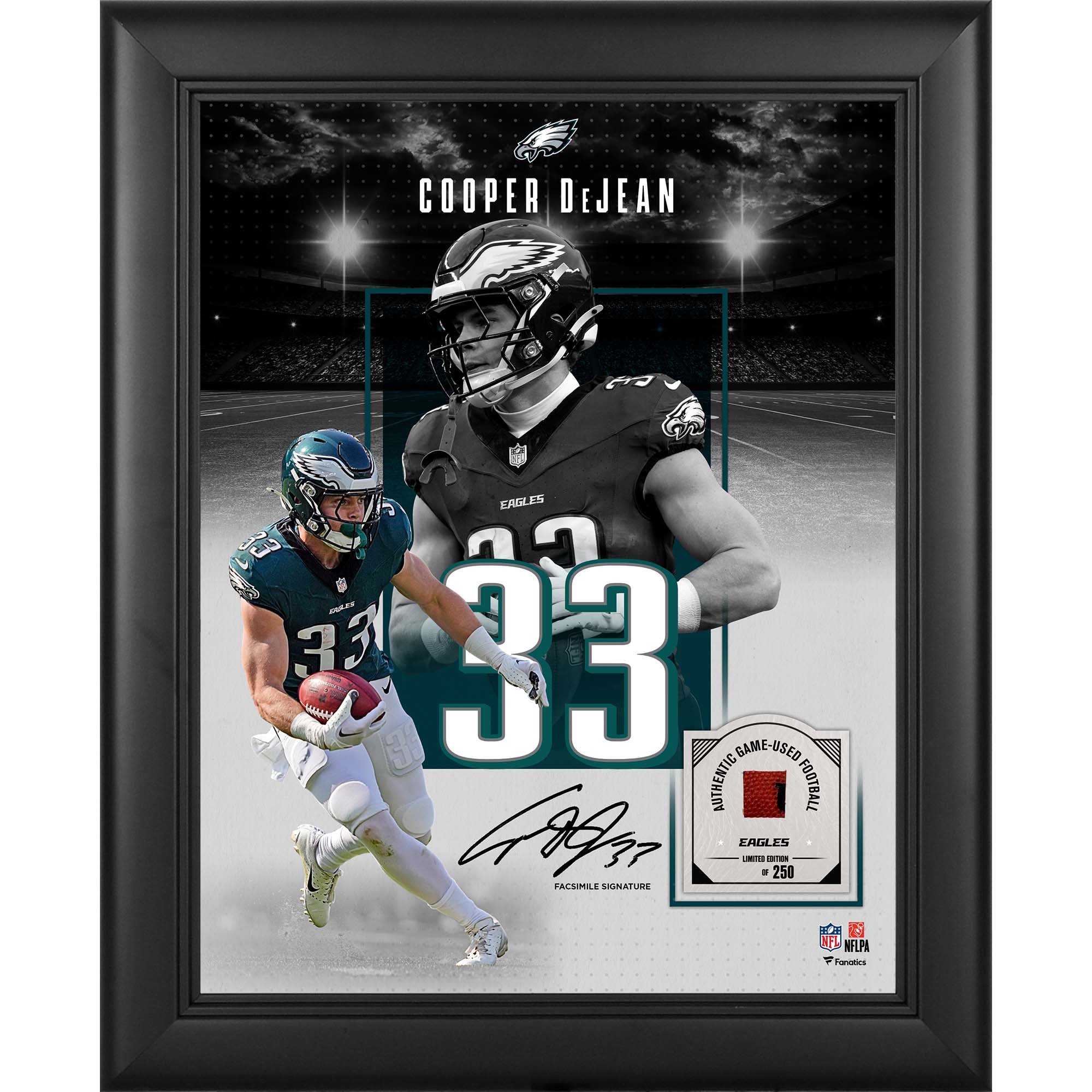 Collage incorniciato con autografo facsimile di Cooper DeJean dei Philadelphia Eagles, formato 11" x 14", con un pezzo di pallone da gioco - Edizione limitata a 250 esemplari.