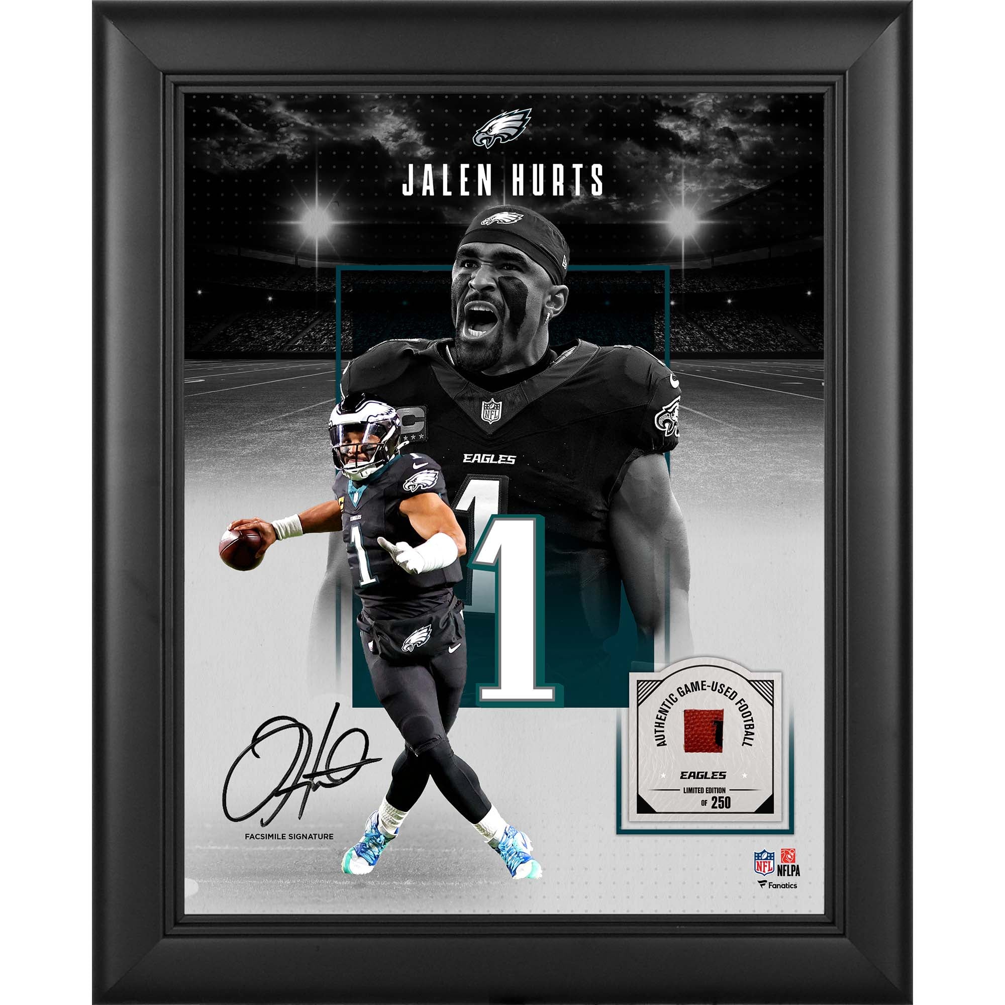 Collage incorniciato con autografo facsimile di Jalen Hurts dei Philadelphia Eagles, formato 11" x 14", con un pezzo di pallone da gioco - Edizione limitata a 250 esemplari.