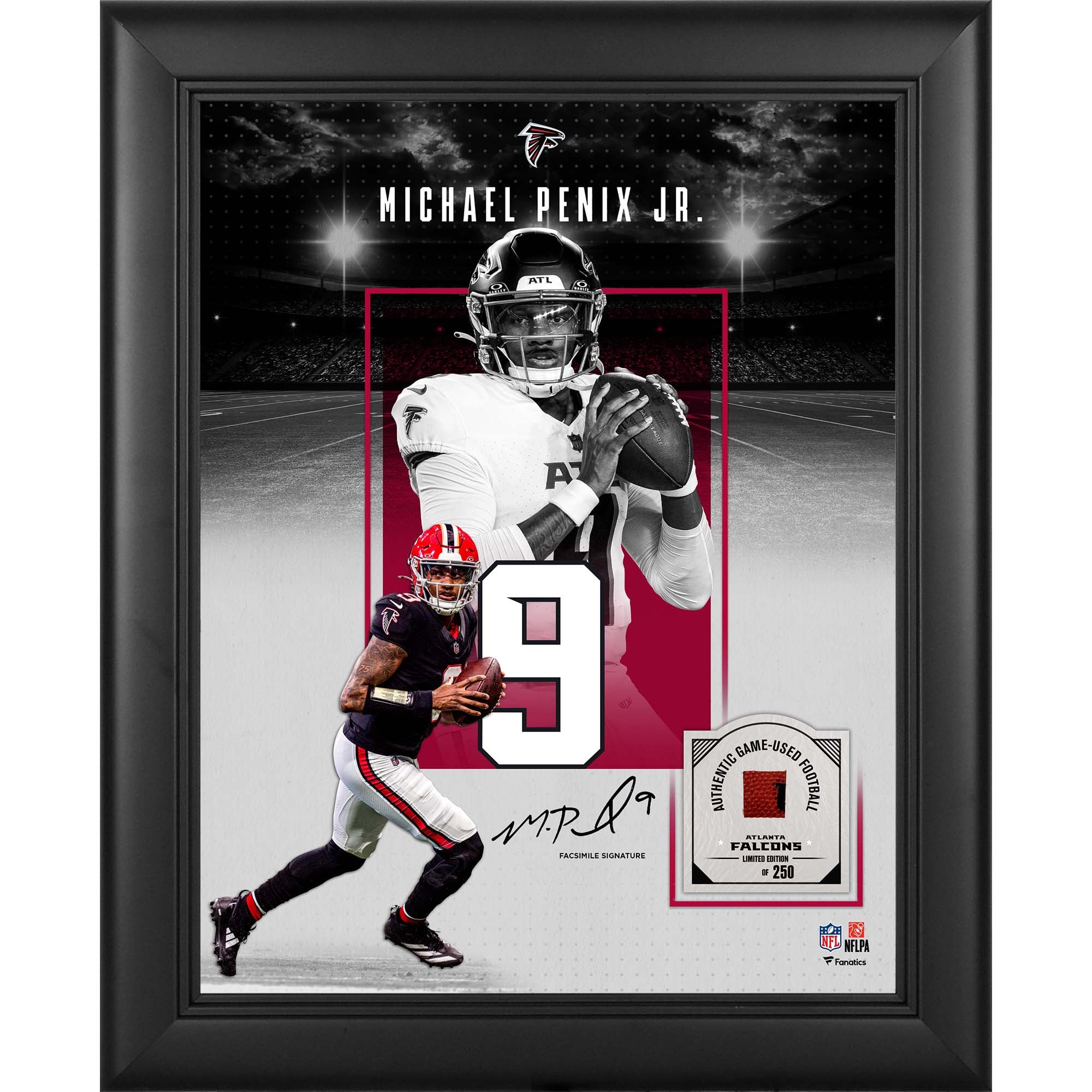Michael Penix Jr. Atlanta Falcons - Autografo riprodotto incorniciato, formato 11" x 14", con un pezzo di pallone da gioco - Edizione limitata a 250 pezzi.