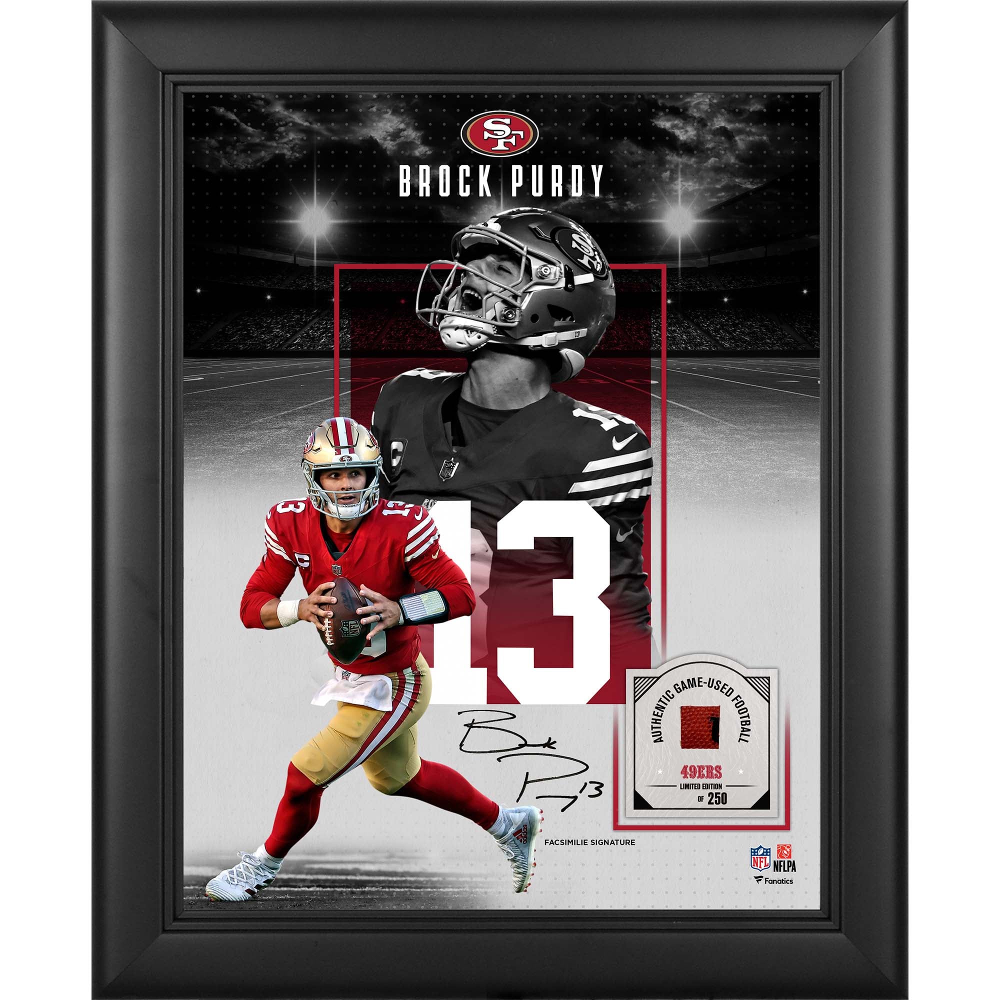 Collage incorniciato con autografo facsimile di Brock Purdy dei San Francisco 49ers, formato 11" x 14", con un pezzo di pallone da gioco - Edizione limitata a 250 esemplari.