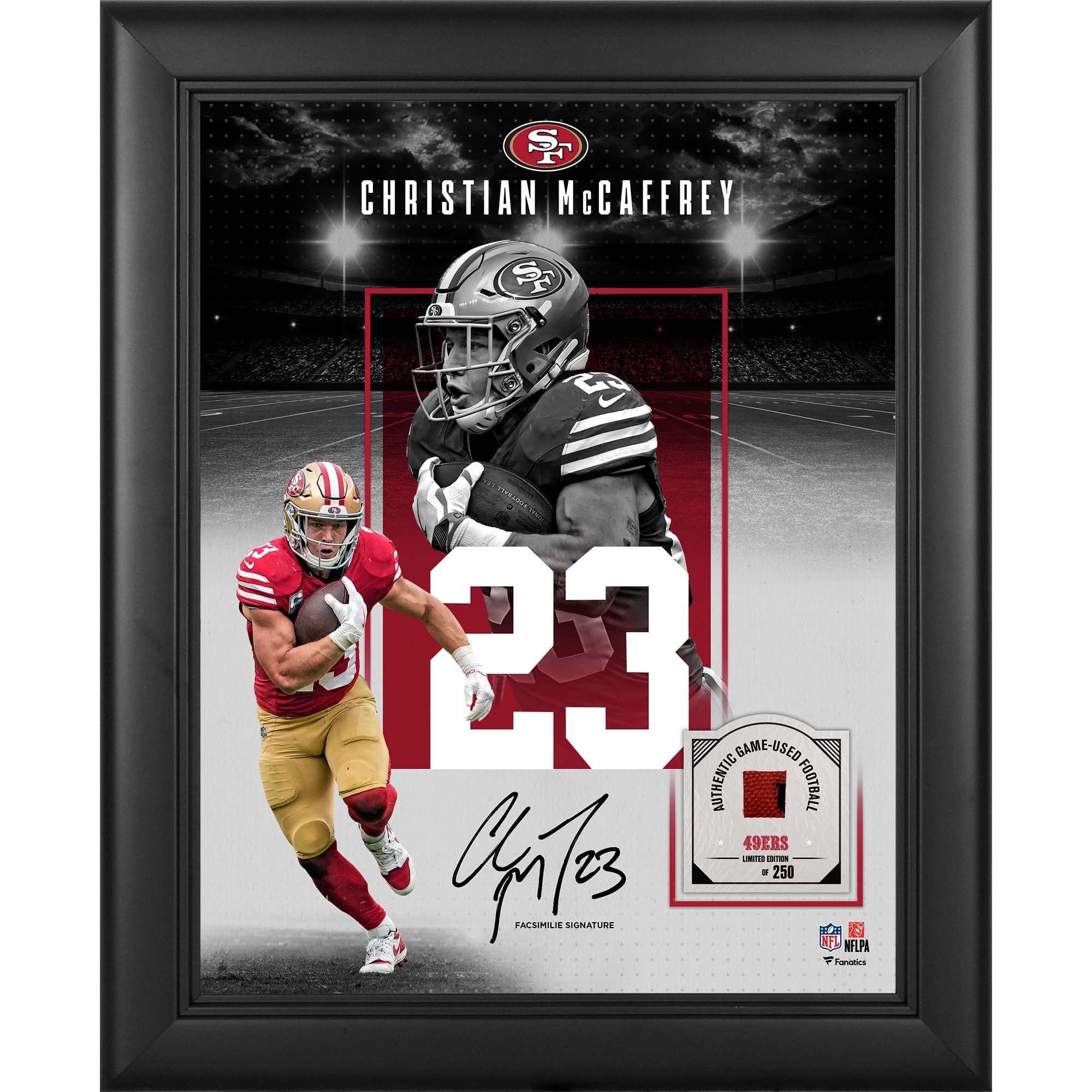 Autografo facsimile di Christian McCaffrey dei San Francisco 49ers, incorniciato in un collage da 11" x 14" con un pezzo di pallone da gioco - Edizione limitata a 250 pezzi