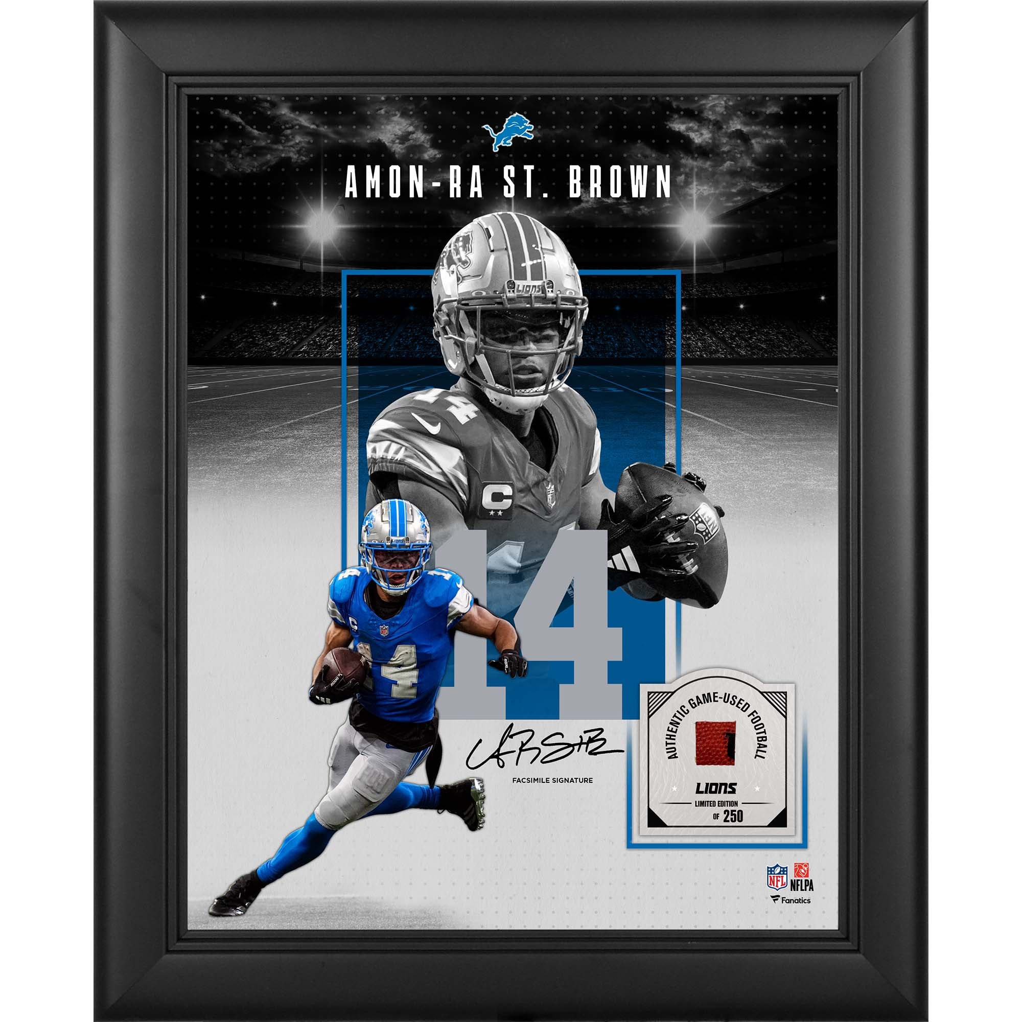 Collage incorniciato con autografo facsimile di Amon-Ra St. Brown dei Detroit Lions, formato 11" x 14", con un pezzo di pallone da gioco - Edizione limitata a 250 esemplari.
