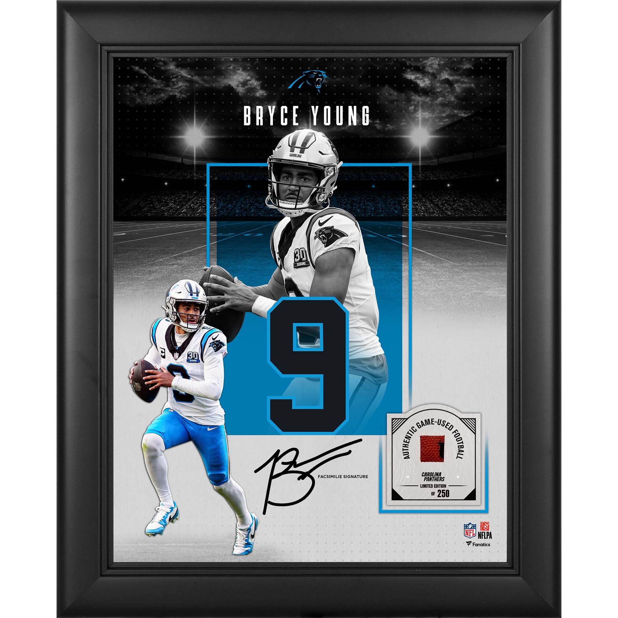 Bryce Young, Carolina Panthers, autografo riprodotto in cornice, formato 11" x 14", con un pezzo di pallone da football usato in partita - Edizione limitata a 250 esemplari.