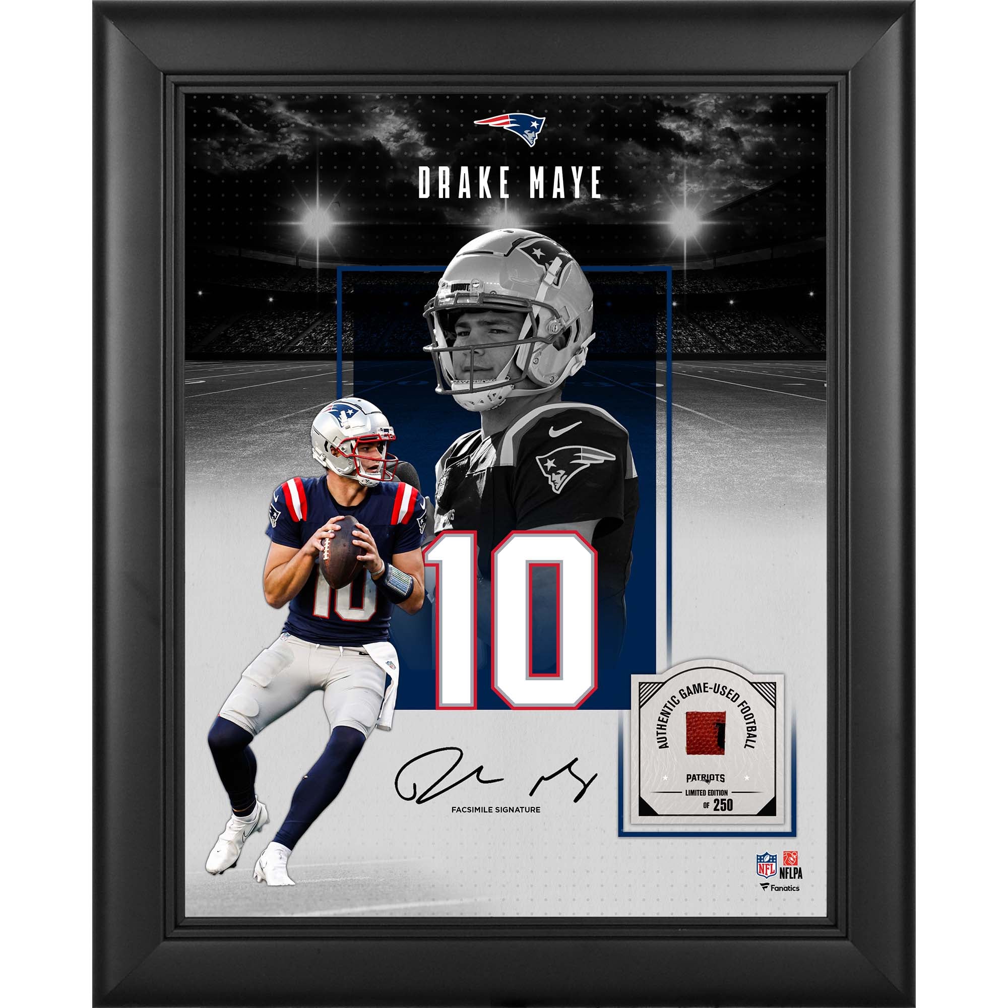 Drake Maye New England Patriots - Autografo riprodotto incorniciato, formato 11" x 14", con un pezzo di pallone da gioco - Edizione limitata a 250 esemplari.