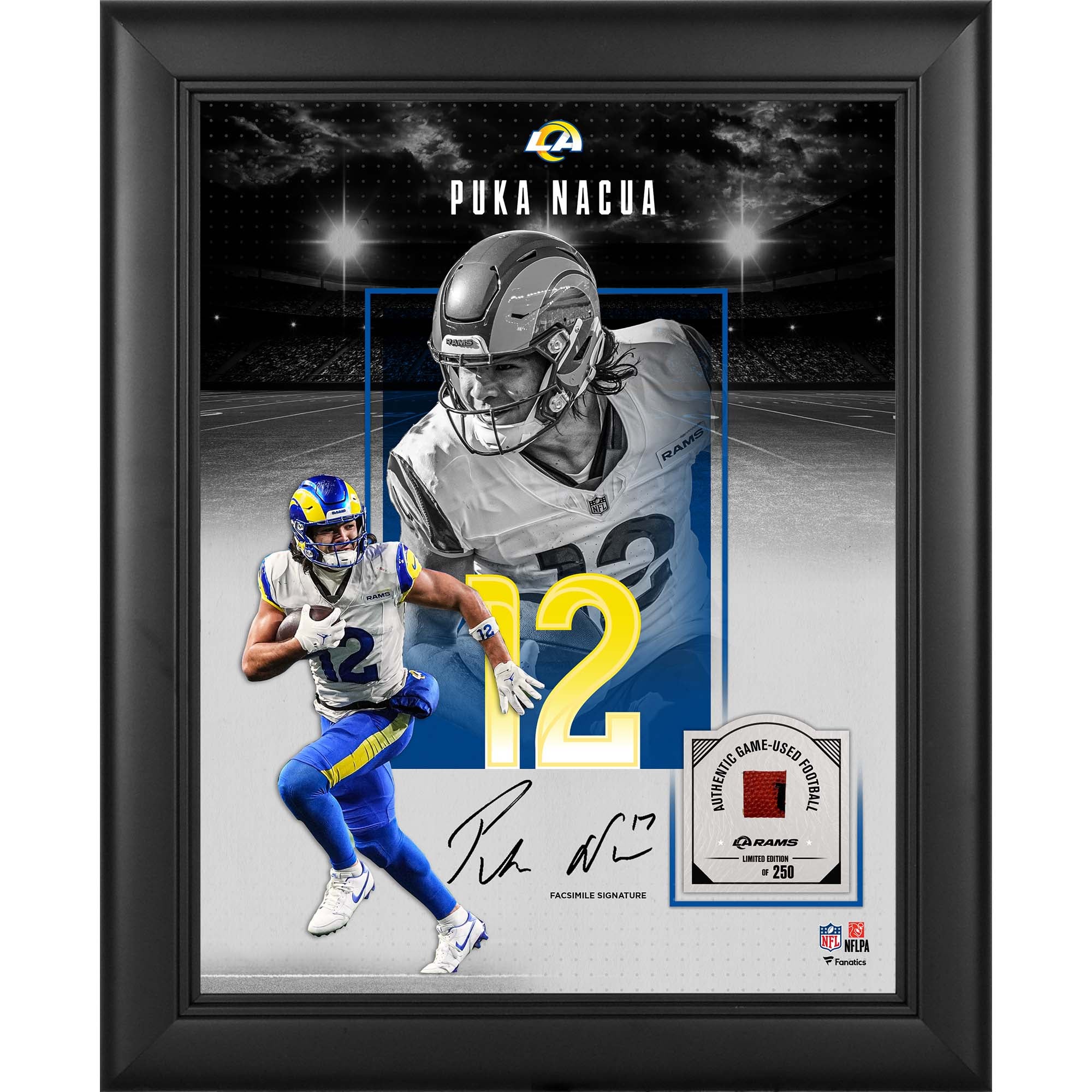 Foto autografata di Puka Nacua dei Los Angeles Rams, formato 11" x 14", incorniciata e completa di collage con un pezzo di pallone da gioco - Edizione limitata a 250 esemplari.