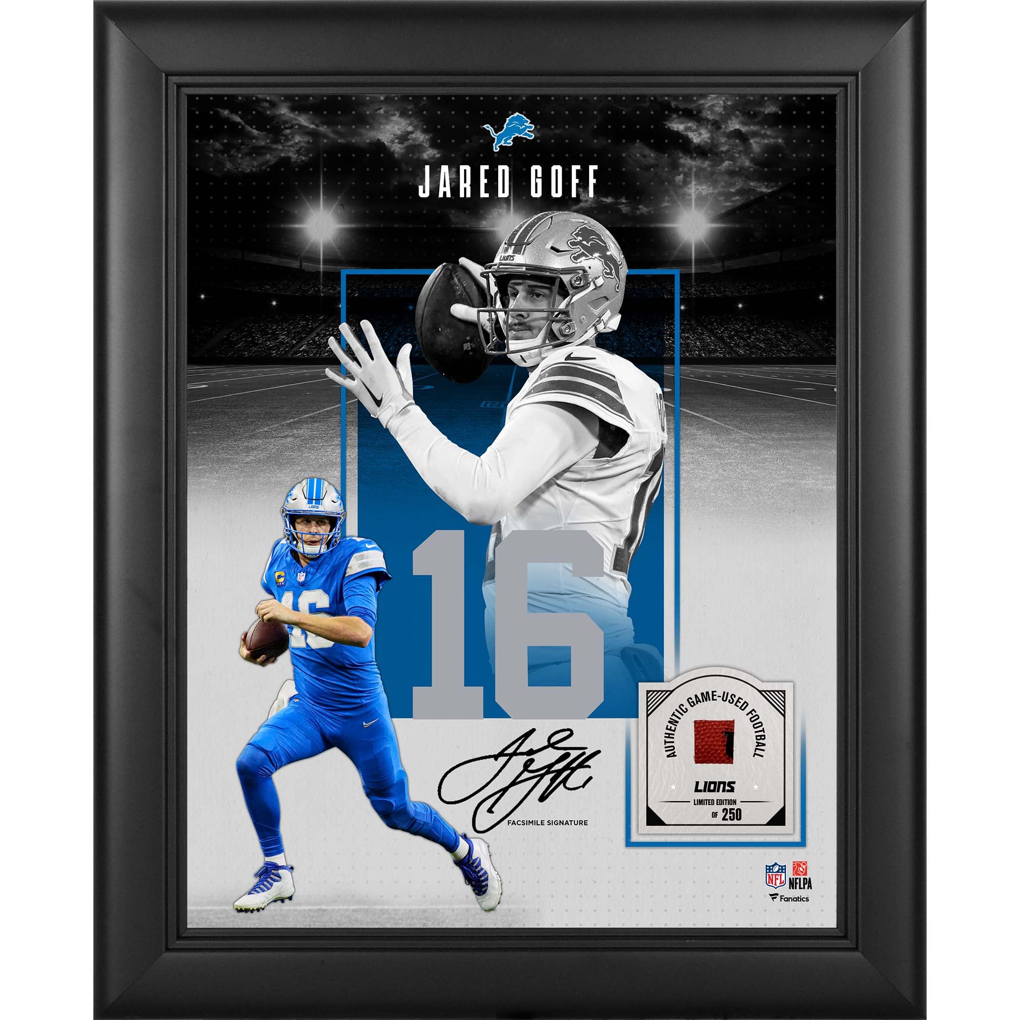 Autografo facsimile di Jared Goff dei Detroit Lions, incorniciato, formato 11" x 14", con un pezzo di pallone da gioco - Edizione limitata a 250 esemplari.