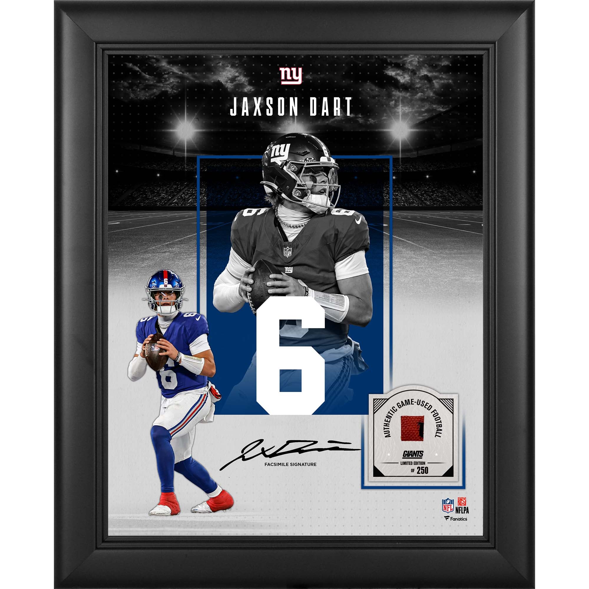 Jaxson Dart, giocatore dei New York Giants, autografo riprodotto in cornice, formato 11" x 14", con un pezzo di pallone da gioco - Edizione limitata a 250 esemplari.
