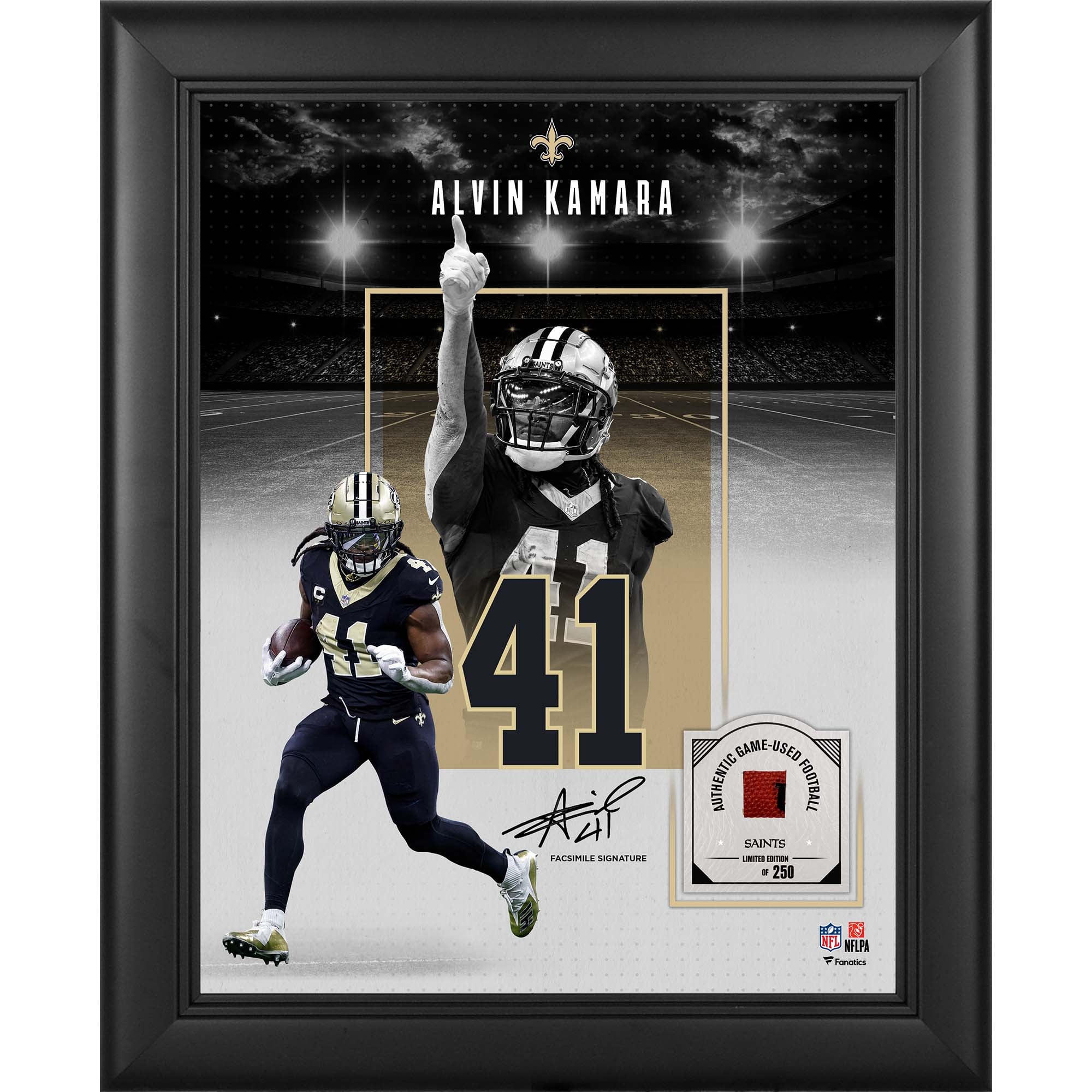 Alvin Kamara dei New Orleans Saints, autografo riprodotto, incorniciato, formato 11" x 14", con un pezzo di pallone da gioco - Edizione limitata a 250 esemplari.