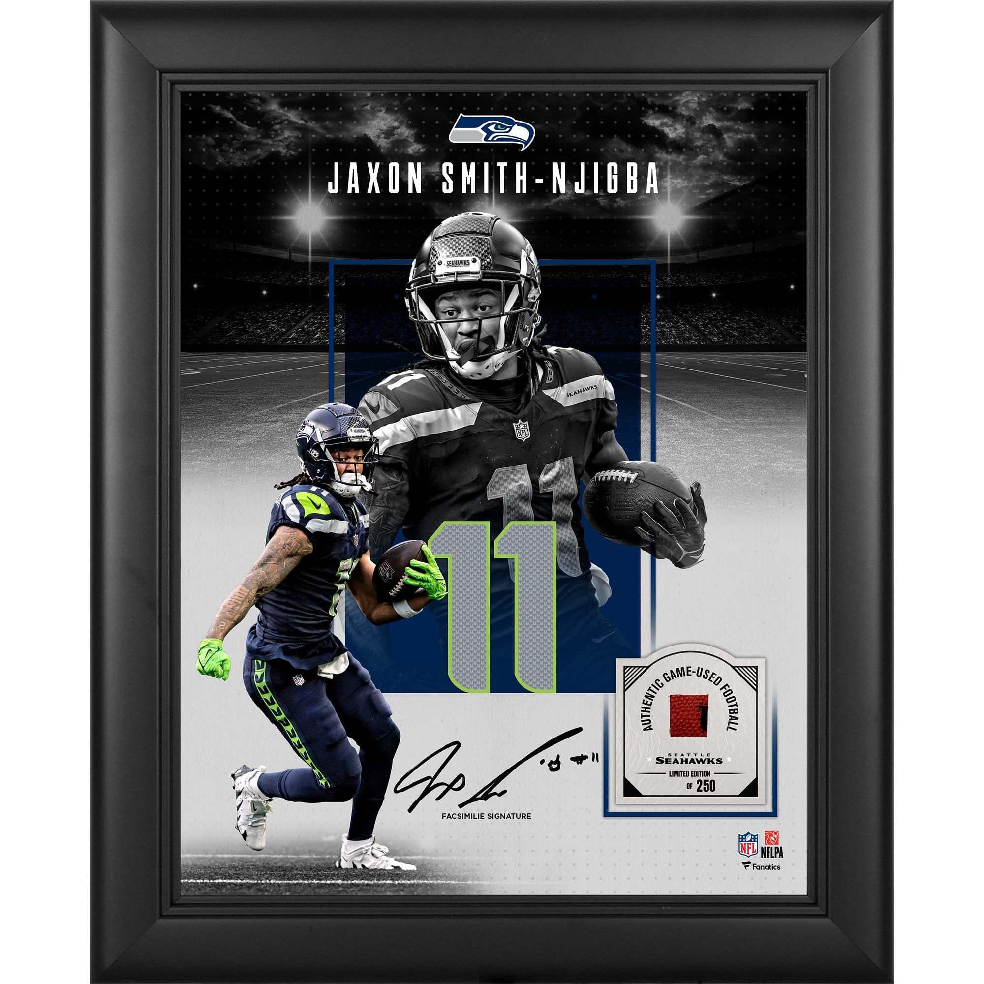 Jaxon Smith-Njigba Seattle Seahawks, autografo riprodotto, incorniciato, 11" x 14", collage con un pezzo di pallone da gioco - Edizione limitata a 250 esemplari.