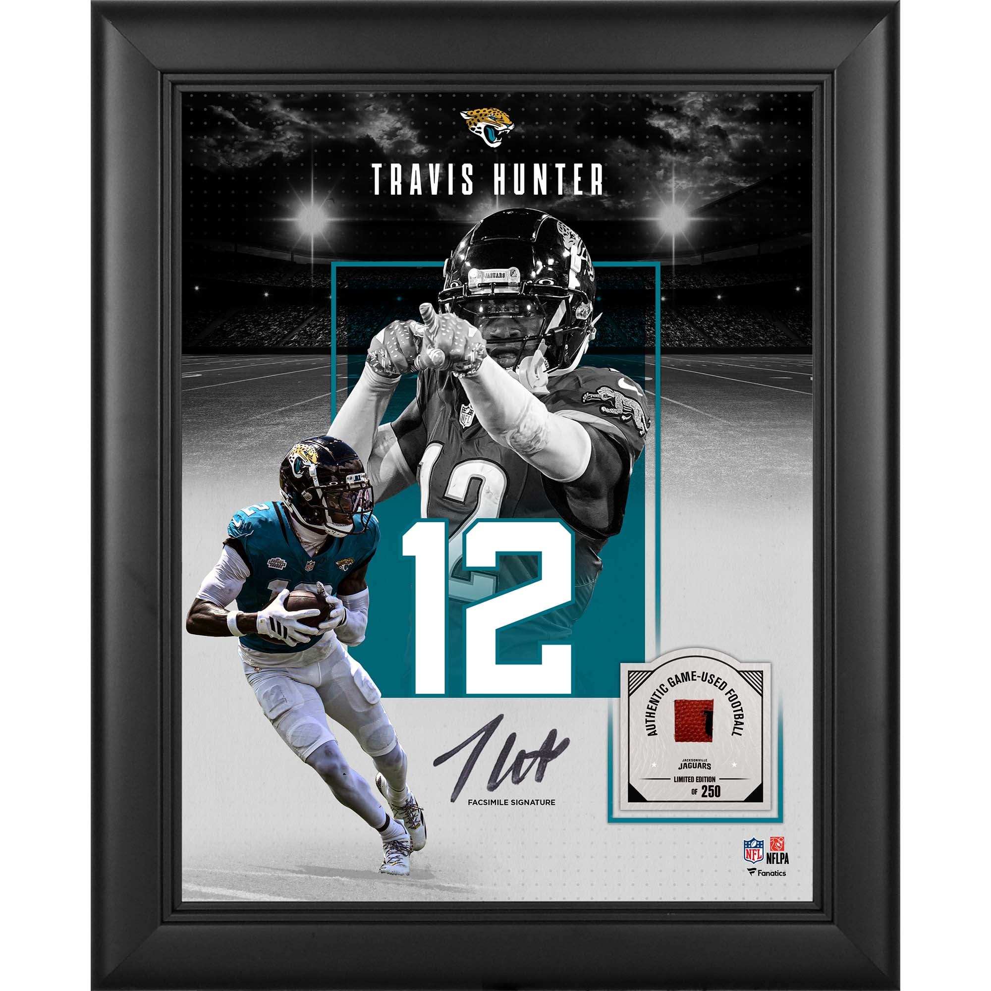 Travis Hunter Jacksonville Jaguars - Autografo riprodotto incorniciato, formato 11" x 14", con un pezzo di pallone da gioco - Edizione limitata a 250 pezzi