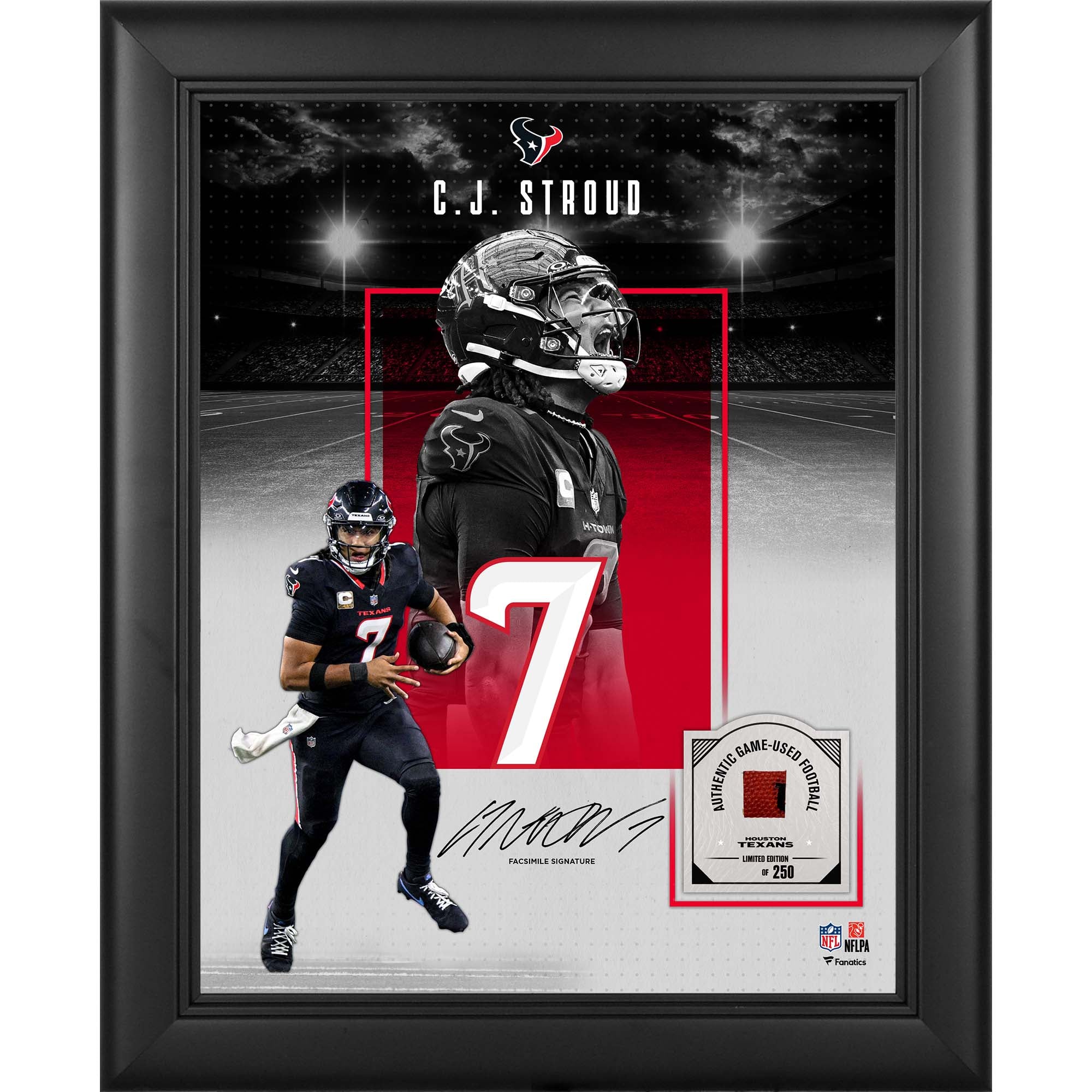 CJ Stroud Houston Texans - Autografo riprodotto incorniciato, formato 11" x 14", con un pezzo di pallone da gioco - Edizione limitata a 250 esemplari.