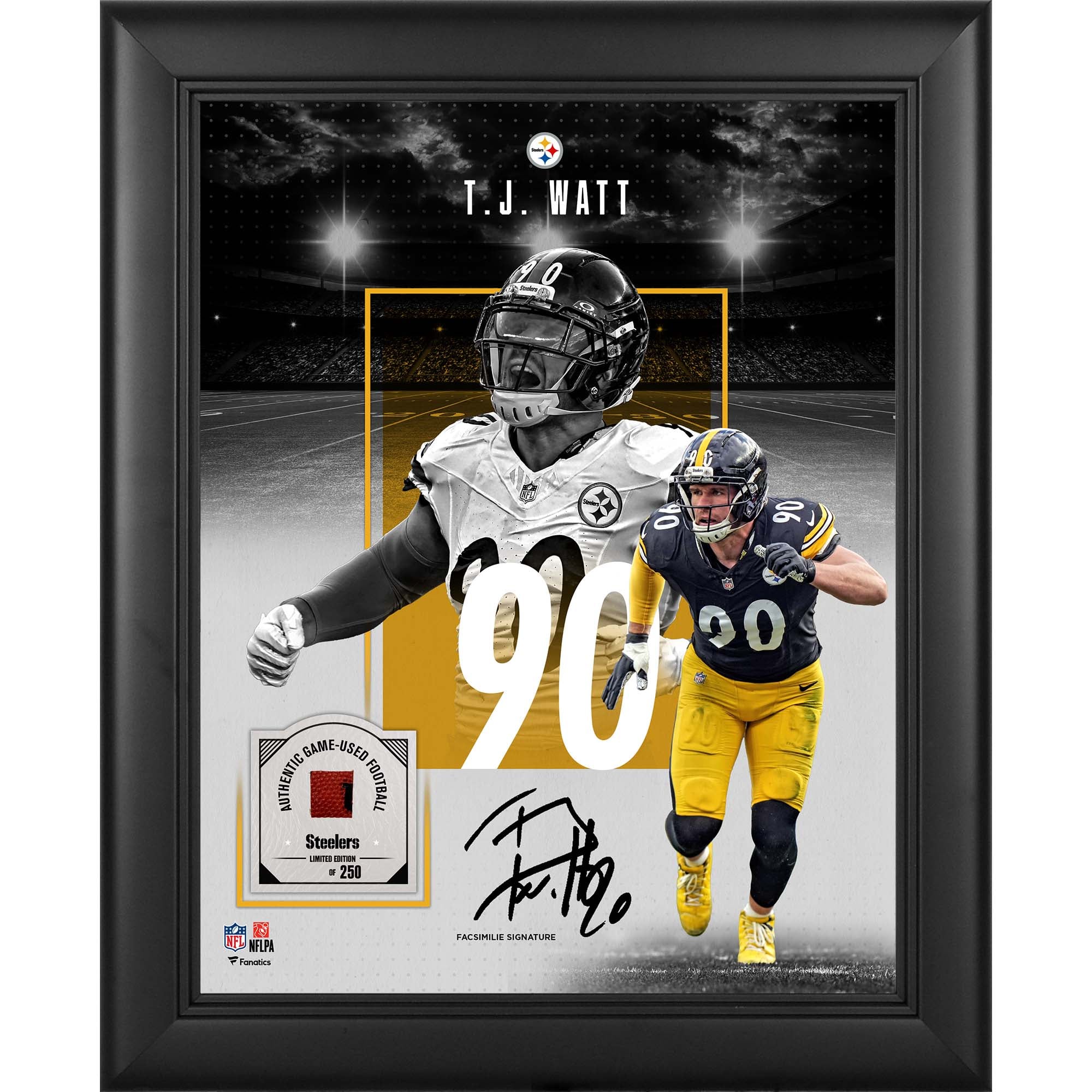 Collage incorniciato con autografo facsimile di TJ Watt dei Pittsburgh Steelers, formato 11" x 14", con un pezzo di pallone da gioco - Edizione limitata a 250 esemplari.