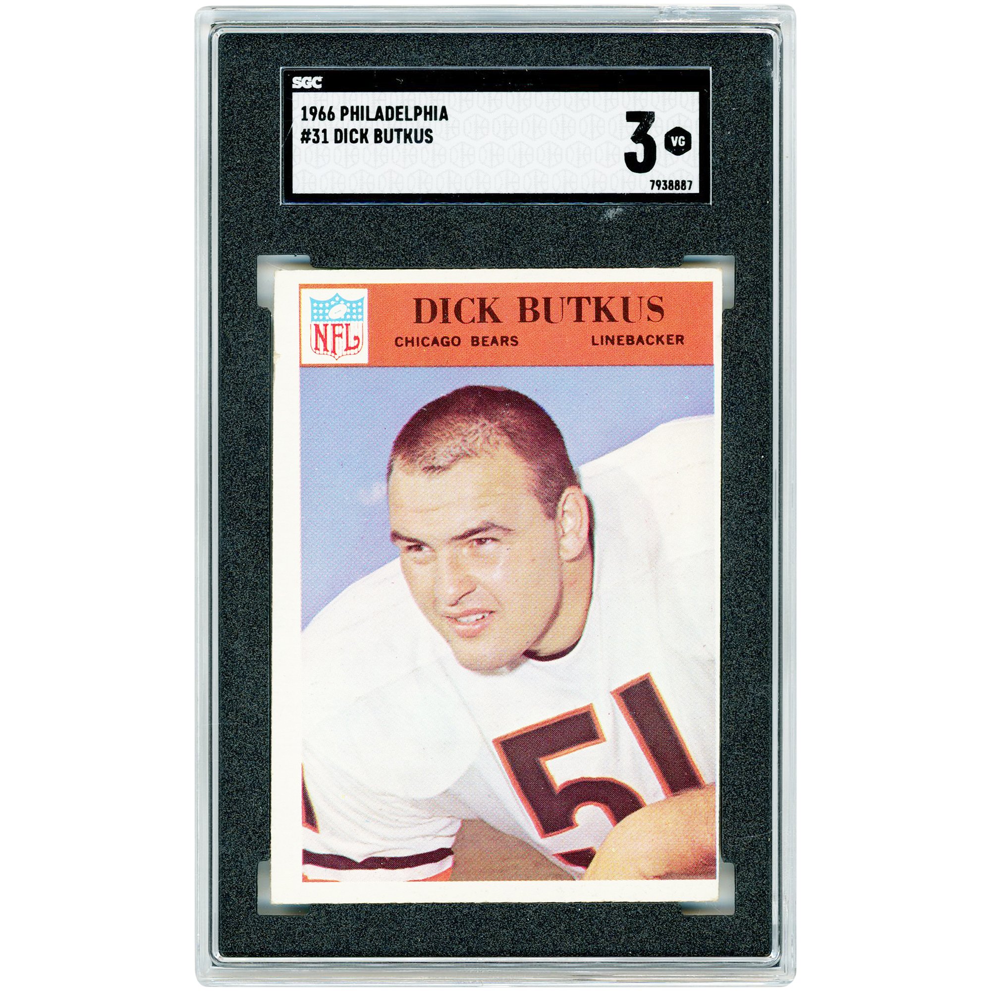 Tarjeta de novato autenticada por SGC de Dick Butkus, Chicago Bears, 1966, Philadelphia #31.