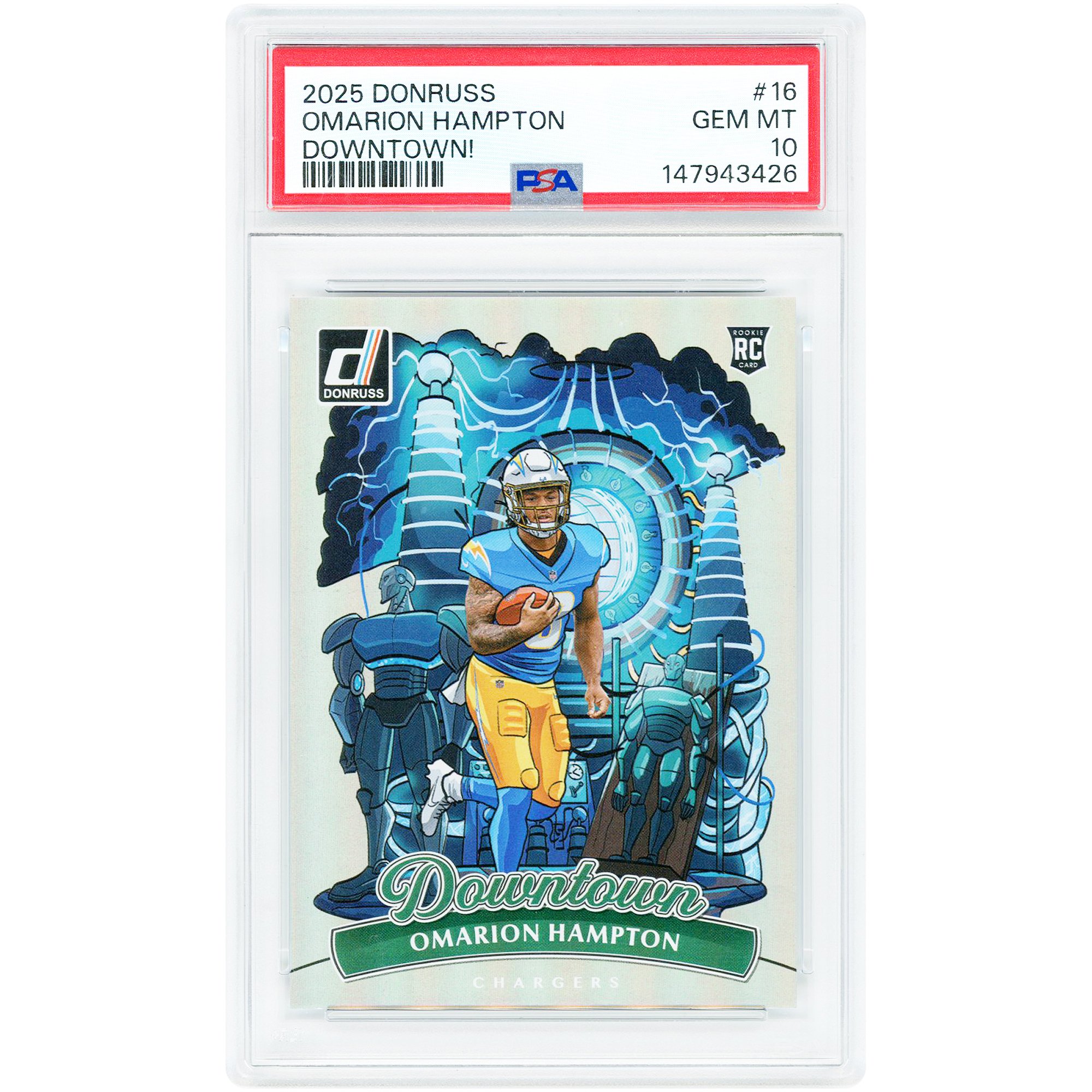 Omarion Hampton Los Angeles Chargers 2025 Panini Donruss Downtown! #16 Carta Rookie Autenticata PSA 10
