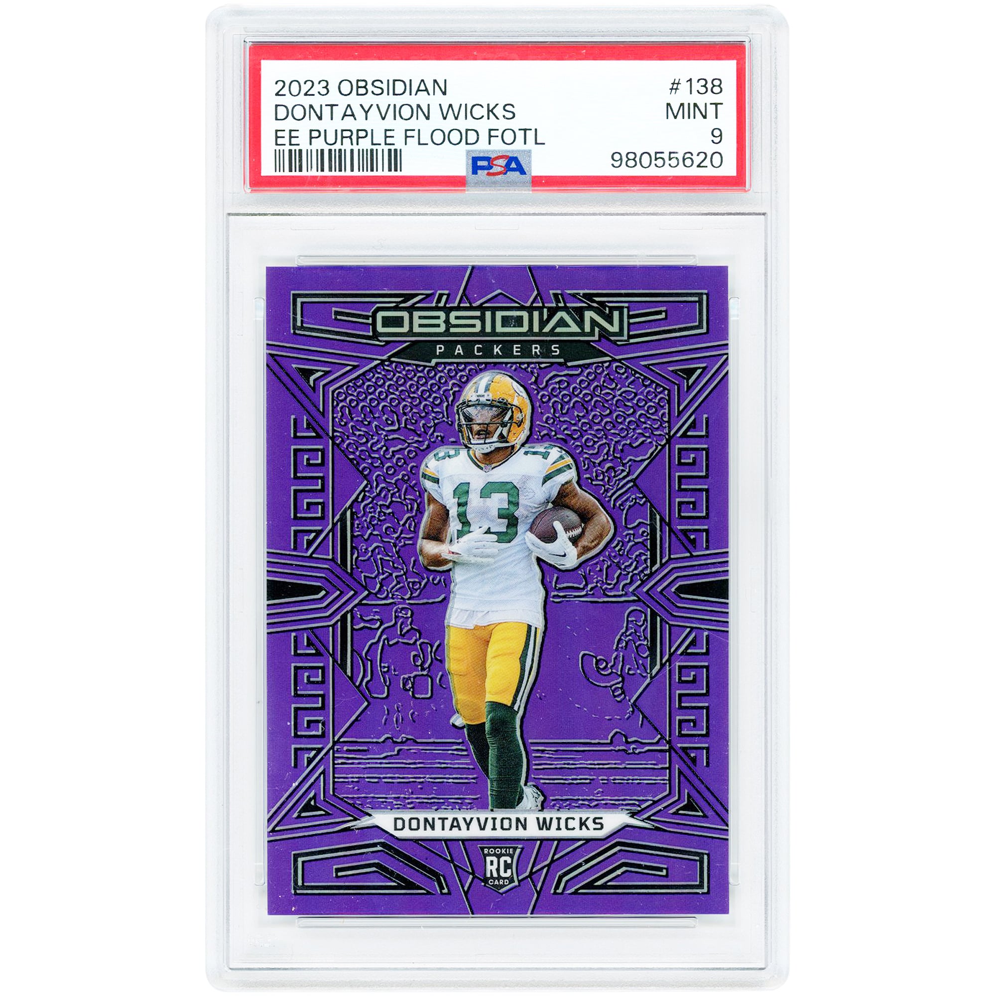 Dontayvion Wicks Green Bay Packers 2023 Panini Obsidian Electric Etch Purple Flood FOTL Jersey Match #138 #13/13 PSA Authenticated 9 Rookie Card