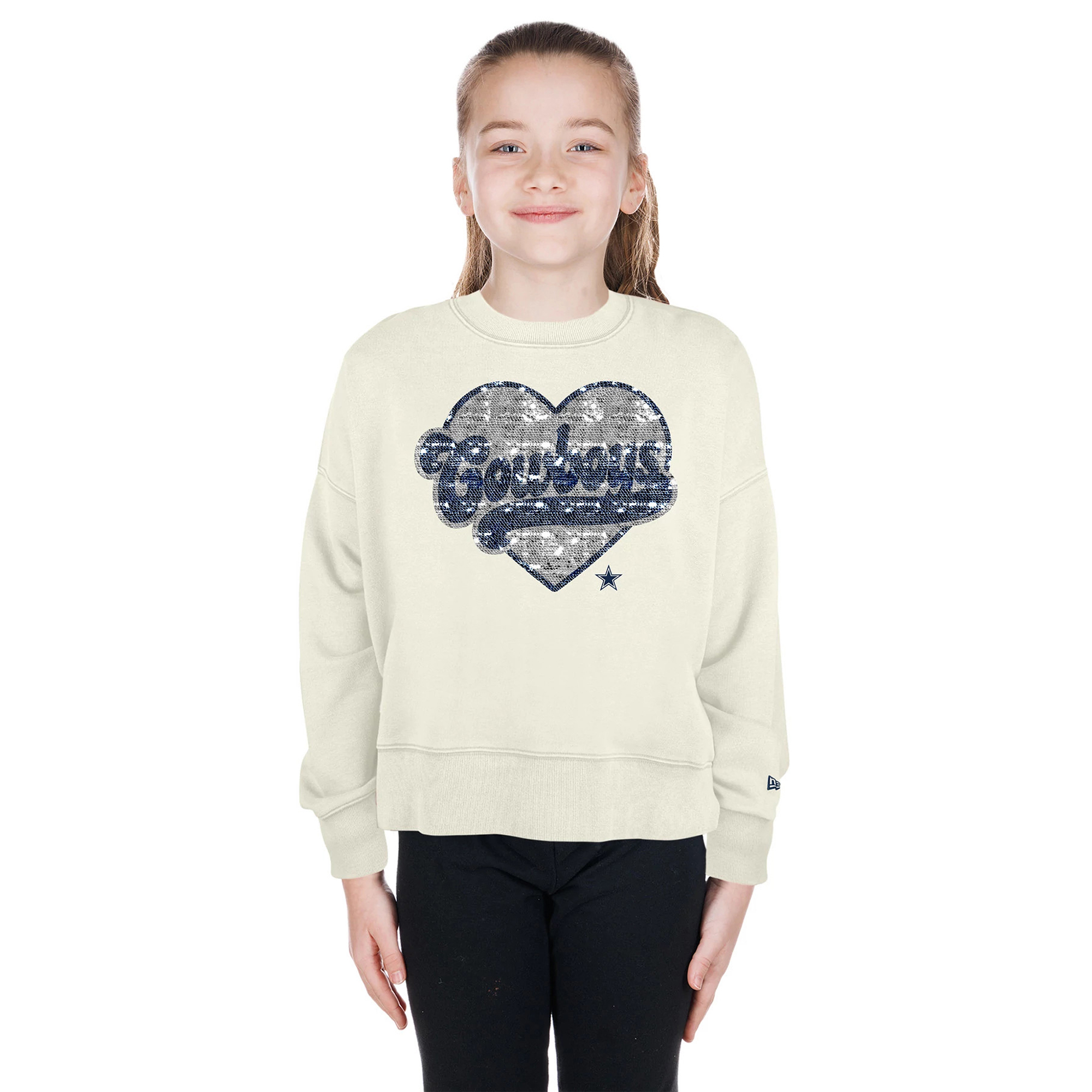 Girls Youth New Era Beige Dallas Cowboys Flip Sequin Crewneck Sweatshirt