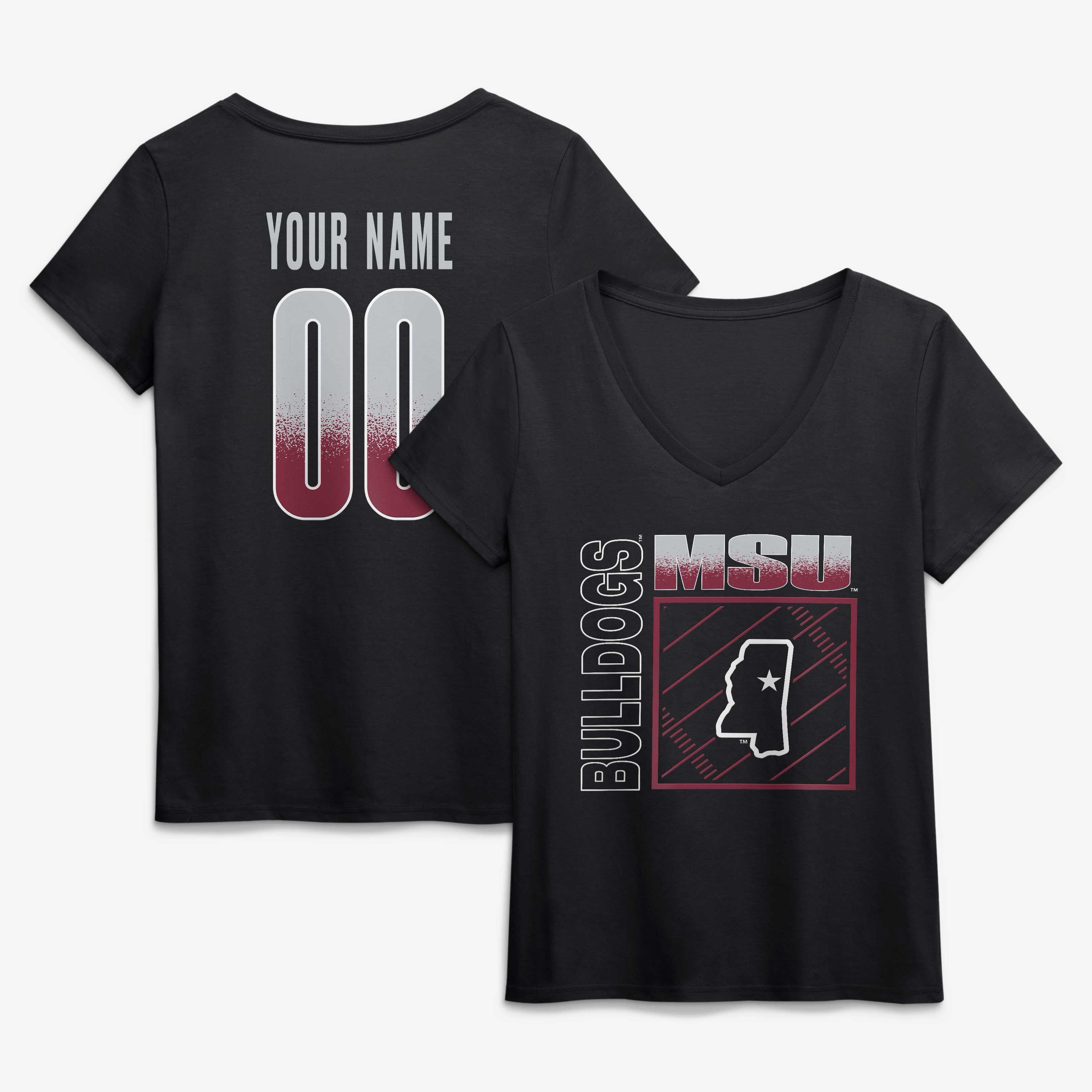 Women's Black Mississippi State Bulldogs Home Field Pop Personalized Any Name & Number V-Neck T-Shirt
