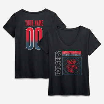 Women's Black Wisconsin Badgers Home Field Pop Personalized Any Name & Number V-Neck T-Shirt