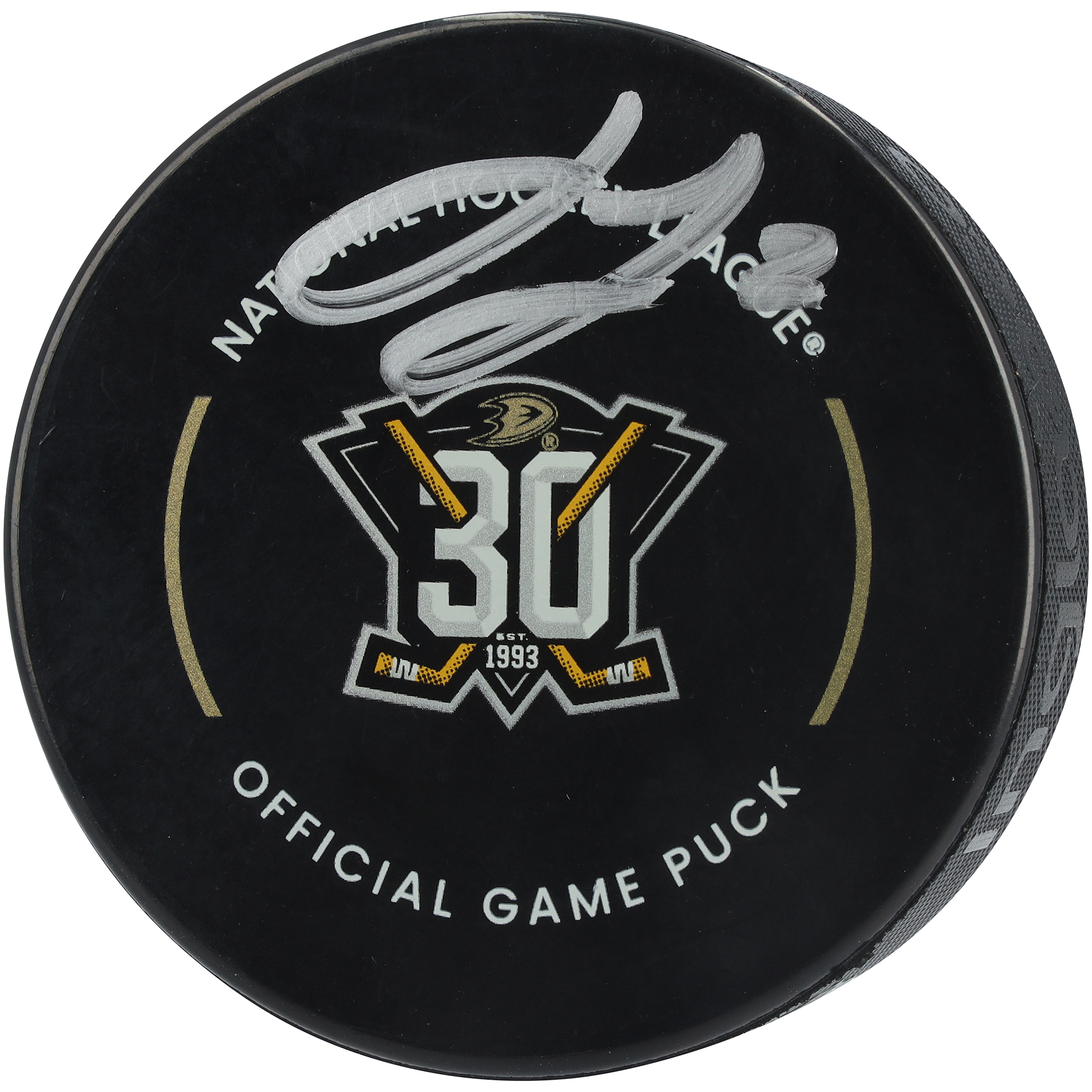 Jackson LaCombe Anaheim Ducks Autographed 30th Anniversary Official Game Puck