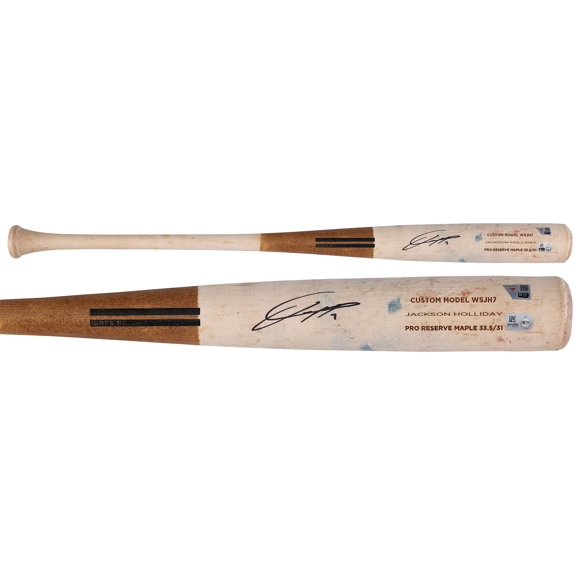 Mazza da baseball Warstic color beige autografata da Jackson Holliday dei Baltimore Orioles, usata in partita durante la stagione MLB 2025 - NF70442541