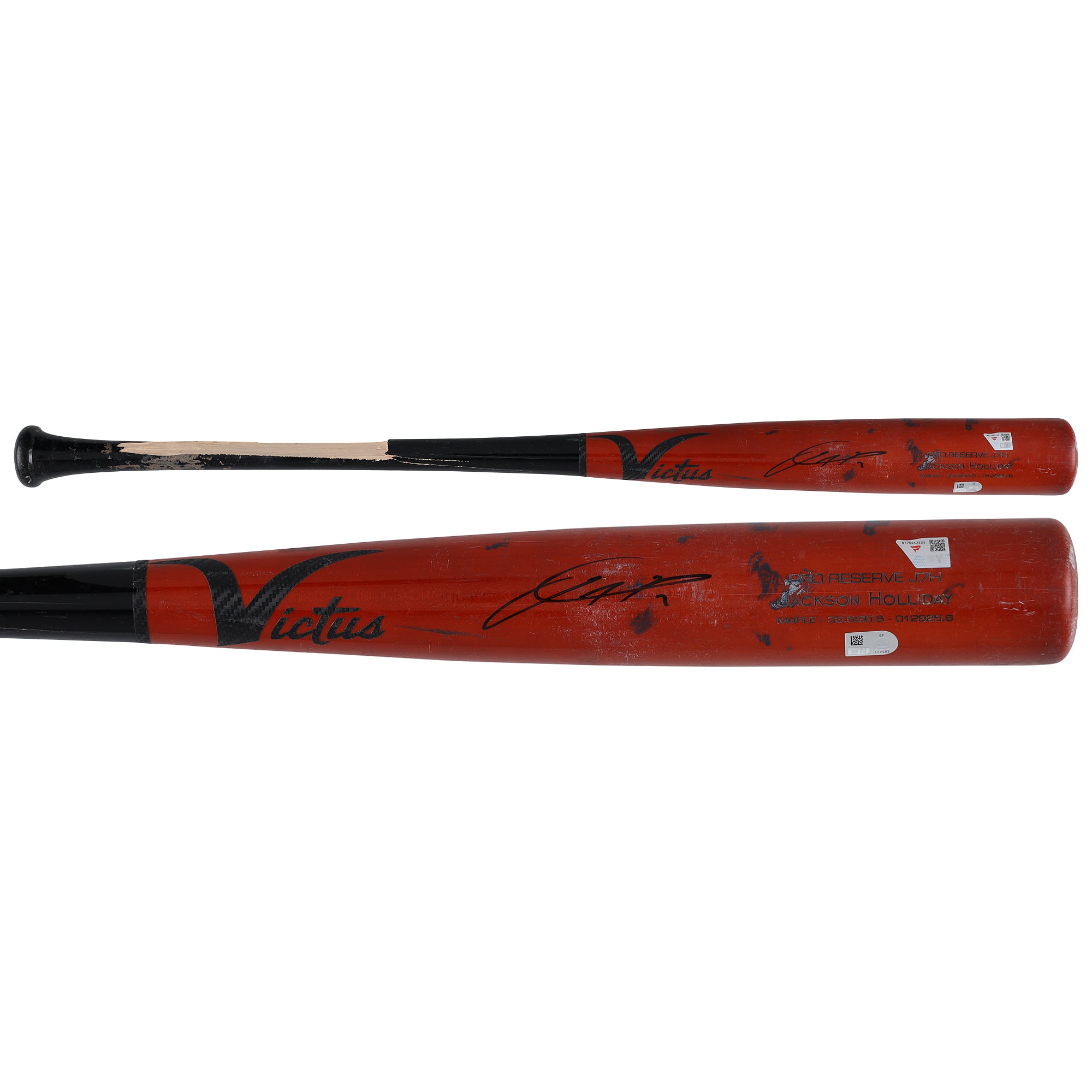 Mazza da baseball Victus Broken rossa/nera autografata da Jackson Holliday dei Baltimore Orioles, utilizzata durante la stagione MLB 2025 - NF70442535