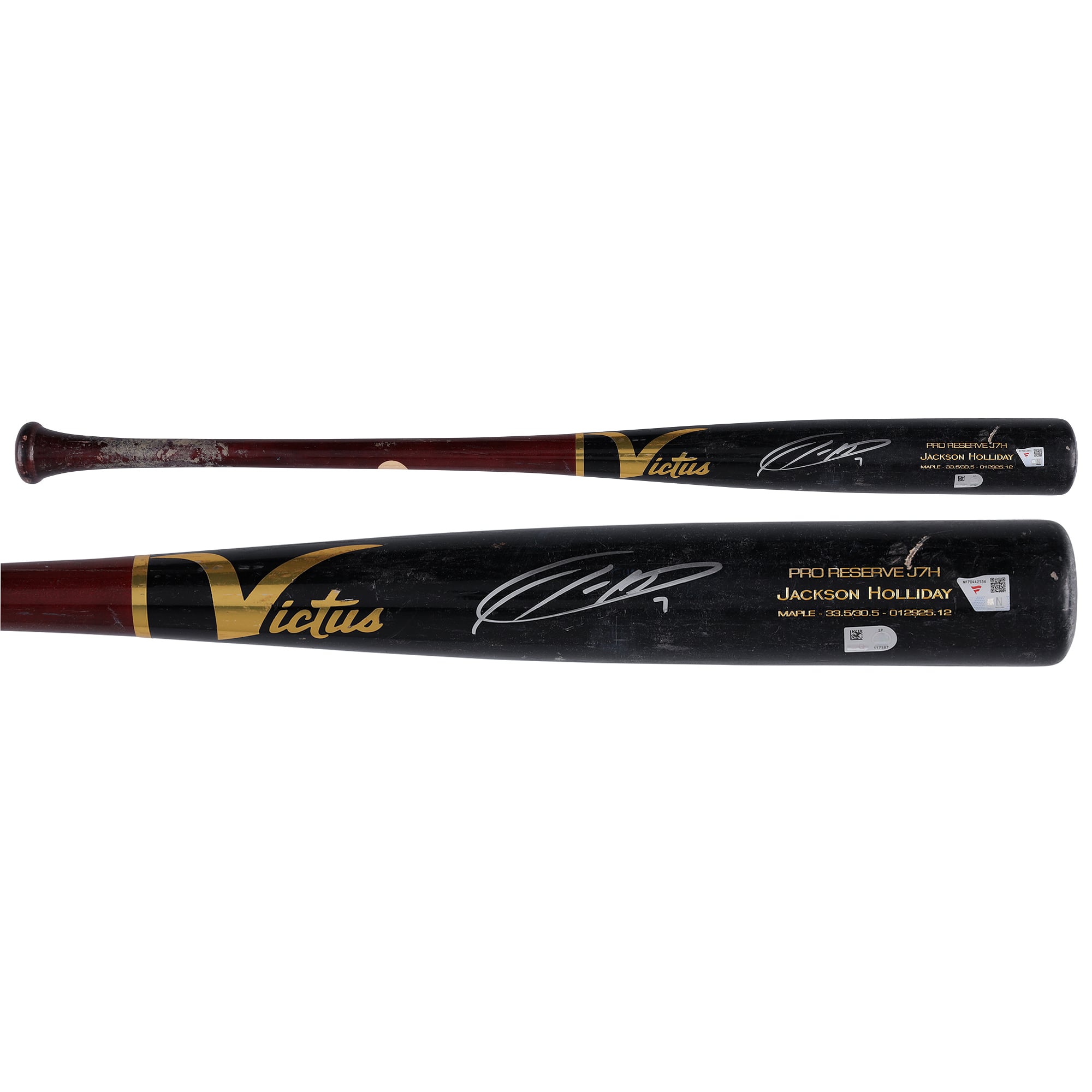 Mazza da baseball Victus nera/rossa autografata da Jackson Holliday dei Baltimore Orioles, utilizzata in partita durante la stagione MLB 2025 - NF70442536