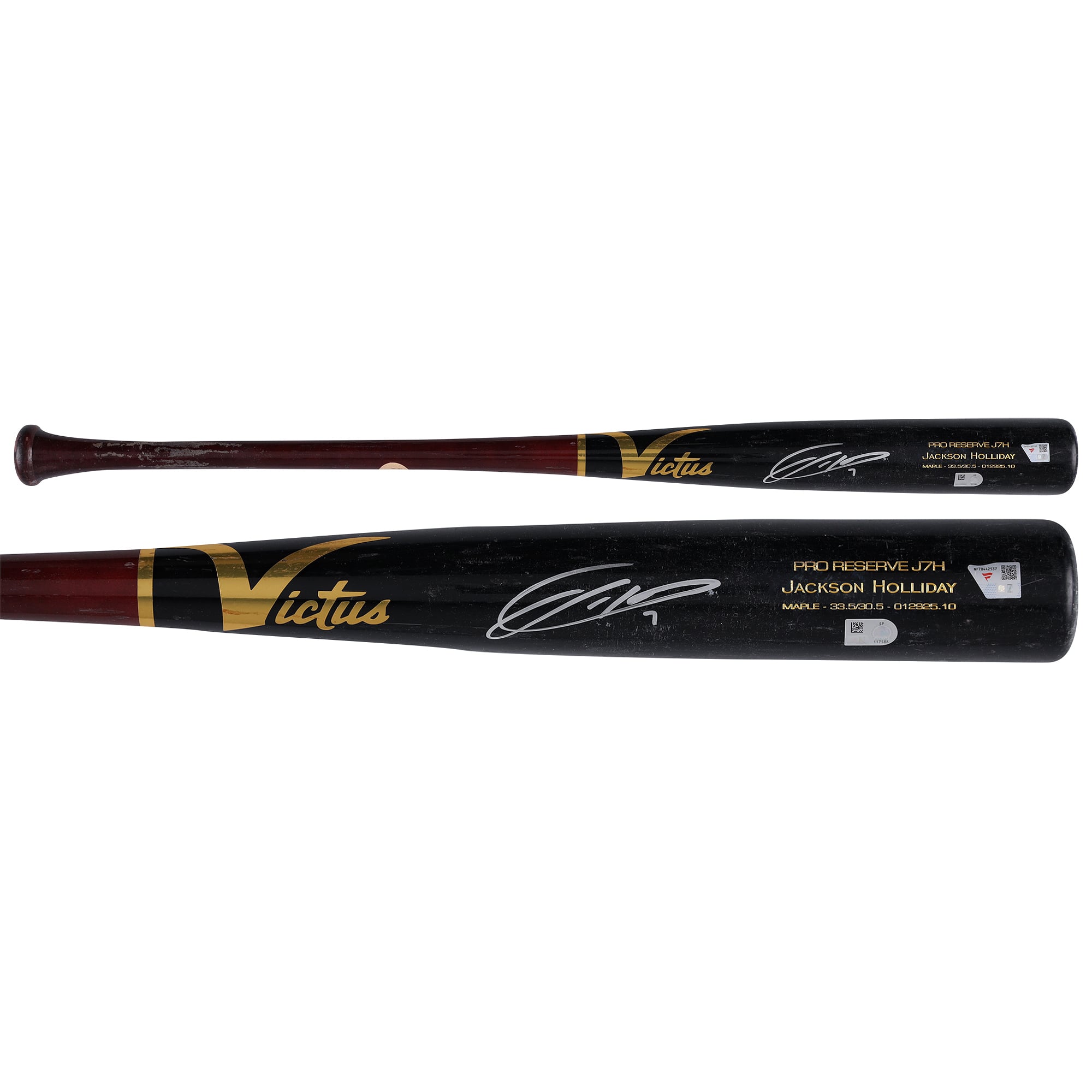 Mazza da baseball Victus nera/rossa autografata da Jackson Holliday dei Baltimore Orioles, utilizzata in partita durante la stagione MLB 2025 - NF70442537