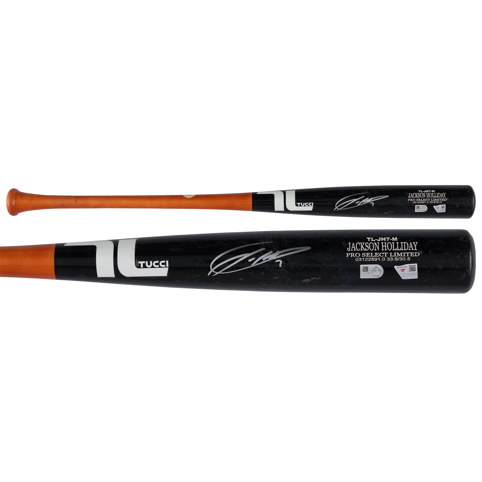 Mazza da baseball Tucci nera/arancione autografata da Jackson Holliday dei Baltimore Orioles, usata in partita durante la stagione MLB 2025 - NF70442539