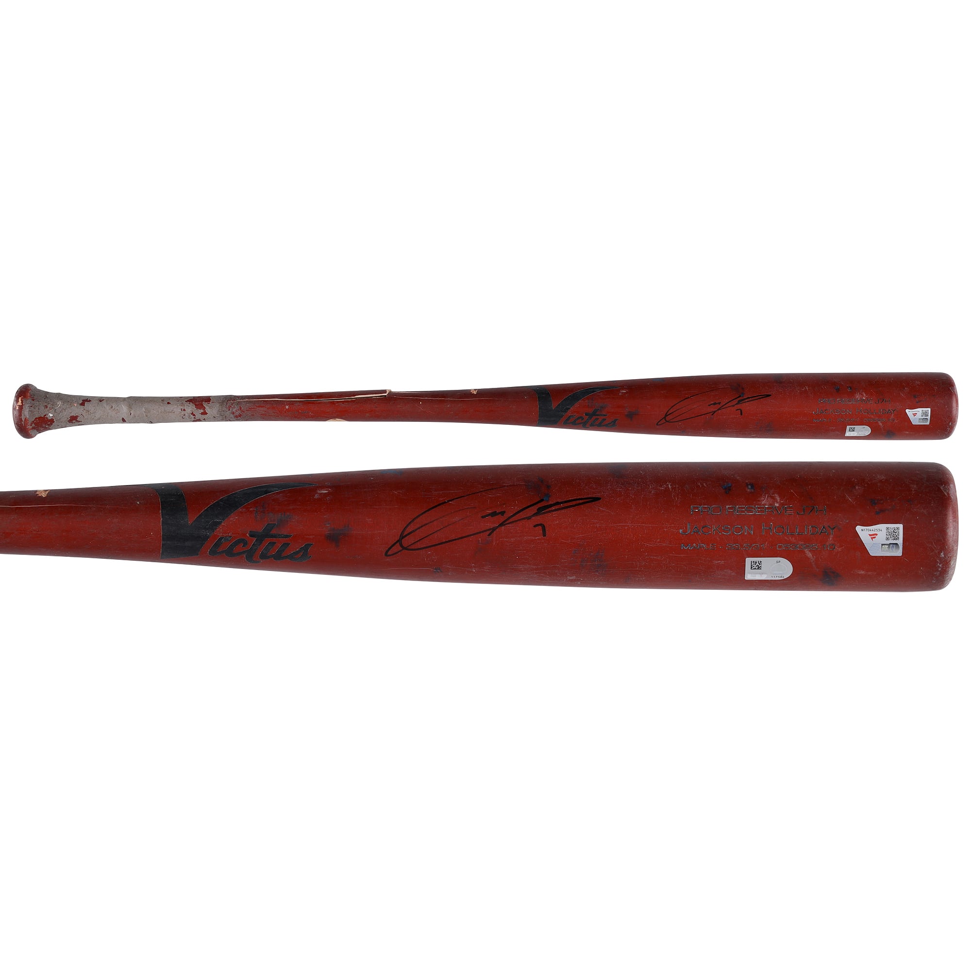 Mazza da baseball rossa Victus Broken autografata da Jackson Holliday dei Baltimore Orioles, utilizzata in partita durante la stagione MLB 2025 - NF70442534