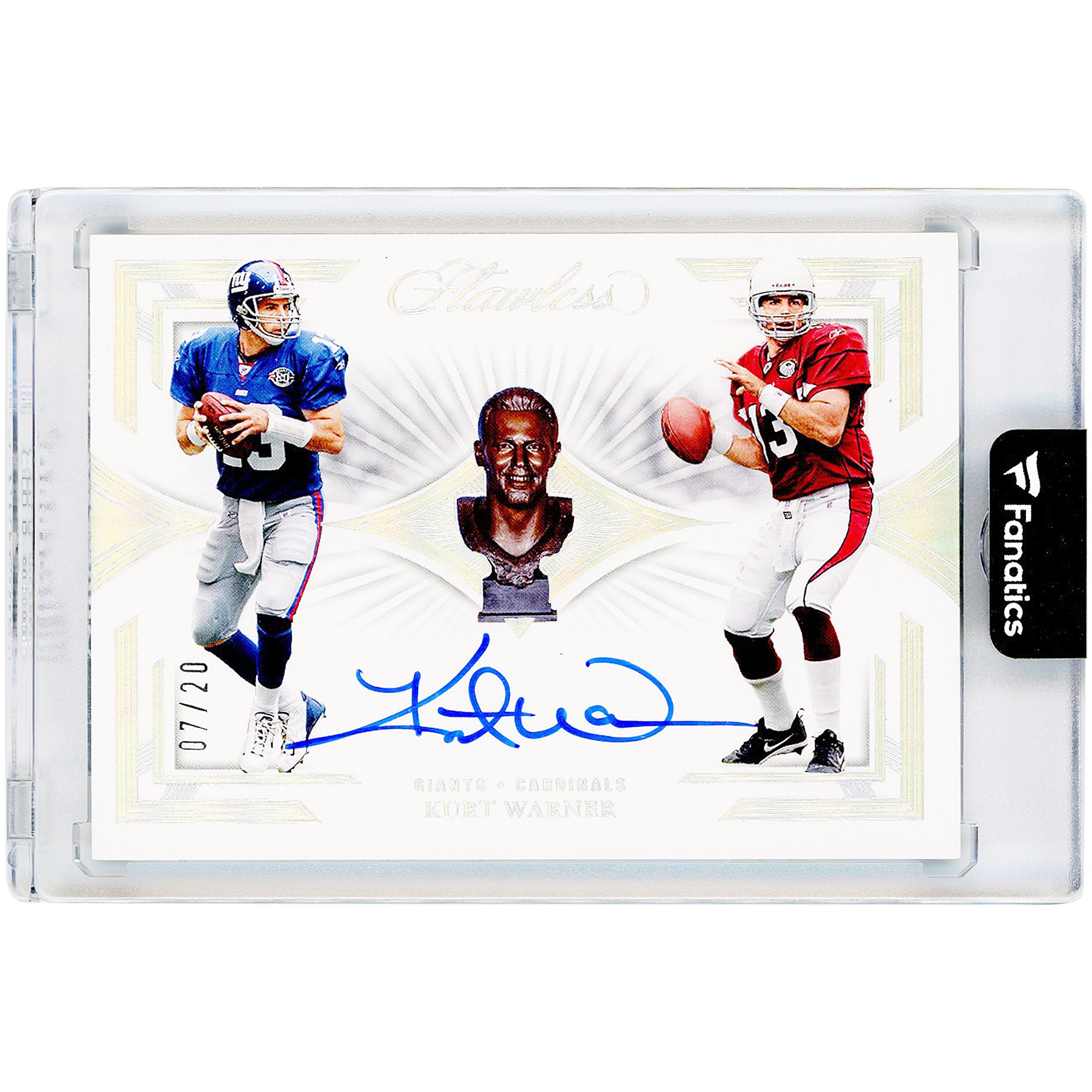 Carta autografata di Kurt Warner dei New York Giants e degli Arizona Cardinals, edizione Panini Flawless Hall of Fame 2023 #CP-KW #7/20