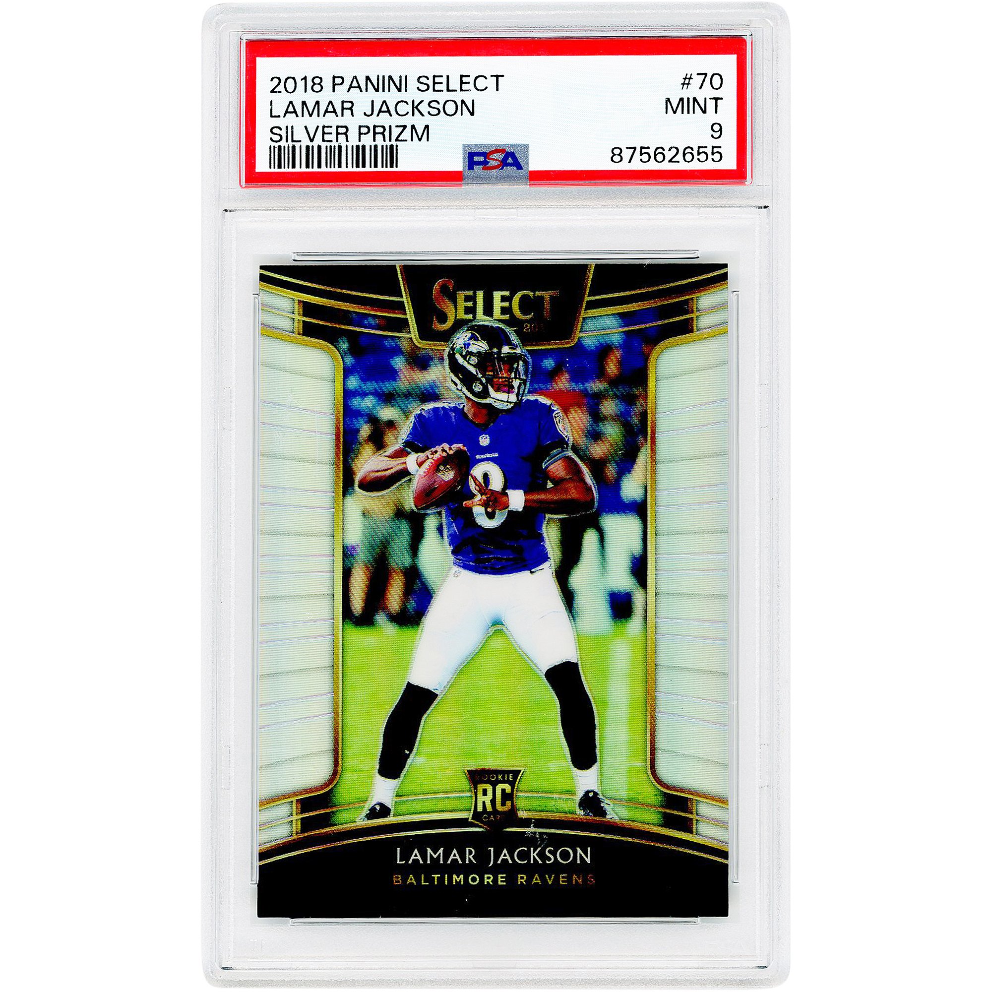 Tarjeta de novato Lamar Jackson Baltimore Ravens 2018 Panini Select Silver Prizm #70 con certificación PSA Authenticated 9