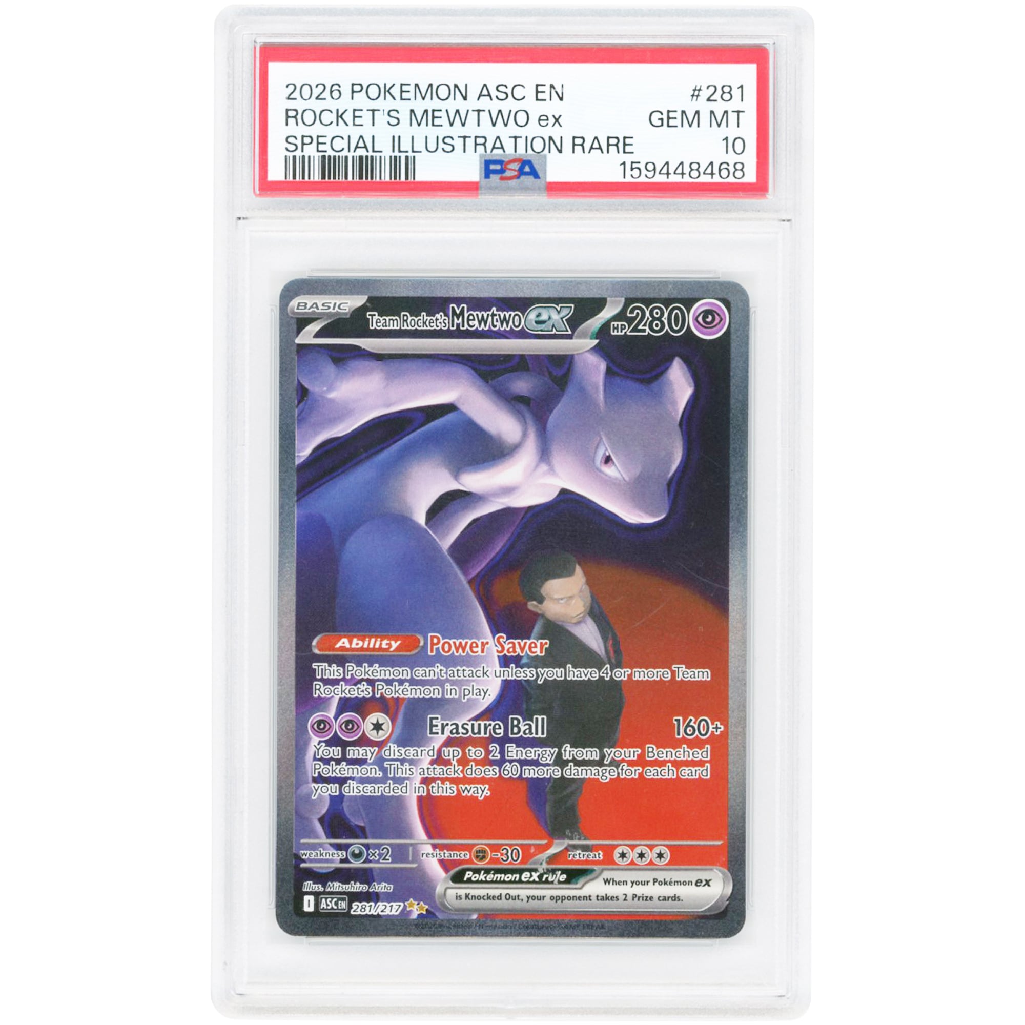 Team Rocket's Mewtwo ex 2026 Pokemon Ascended Heroes Special Illustration Rare #281 PSA Authenticated 10 Card